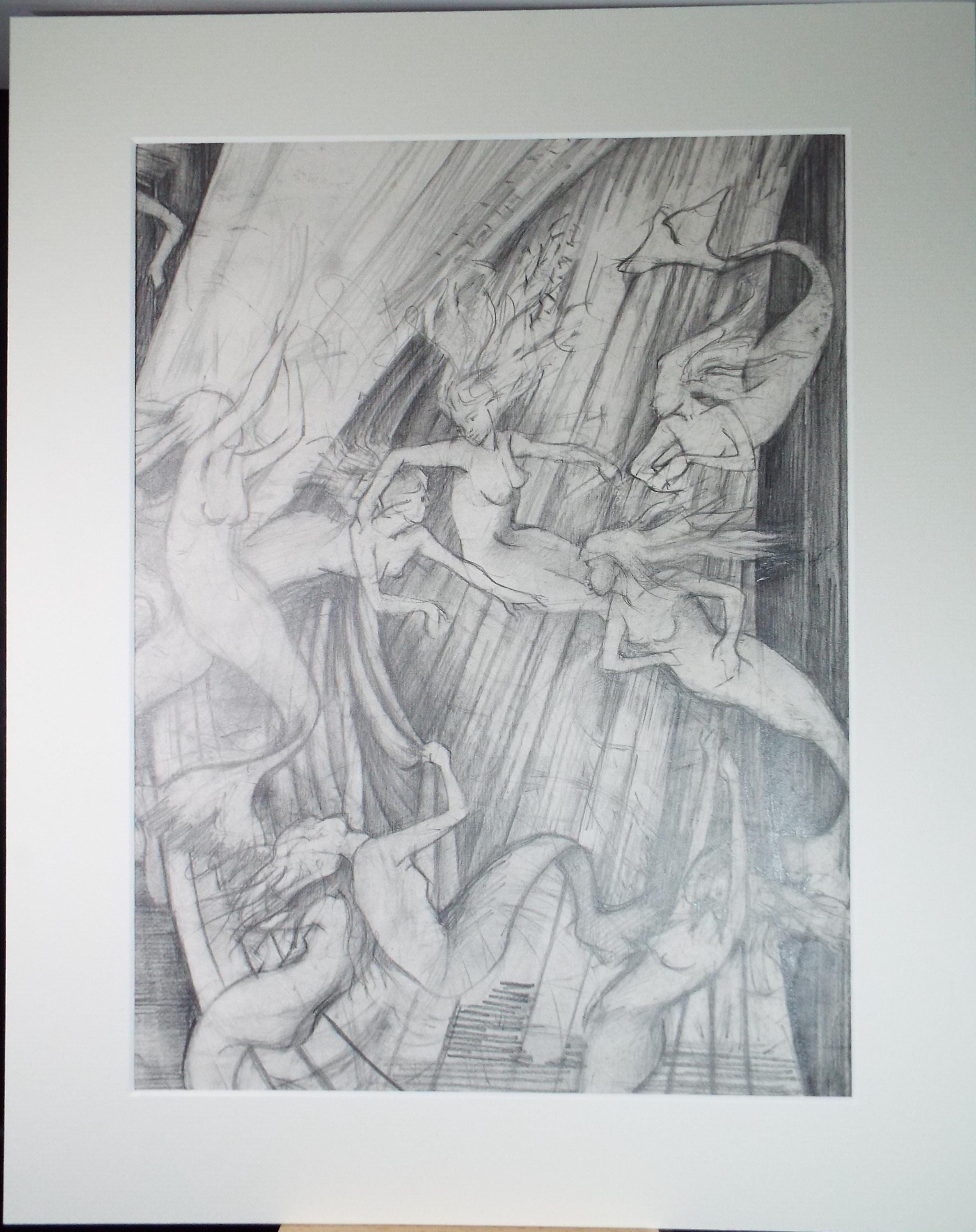Original Pencil Drawing,'Water Nymphs', Edmund Caswell (1938-1996), circa 1980's
