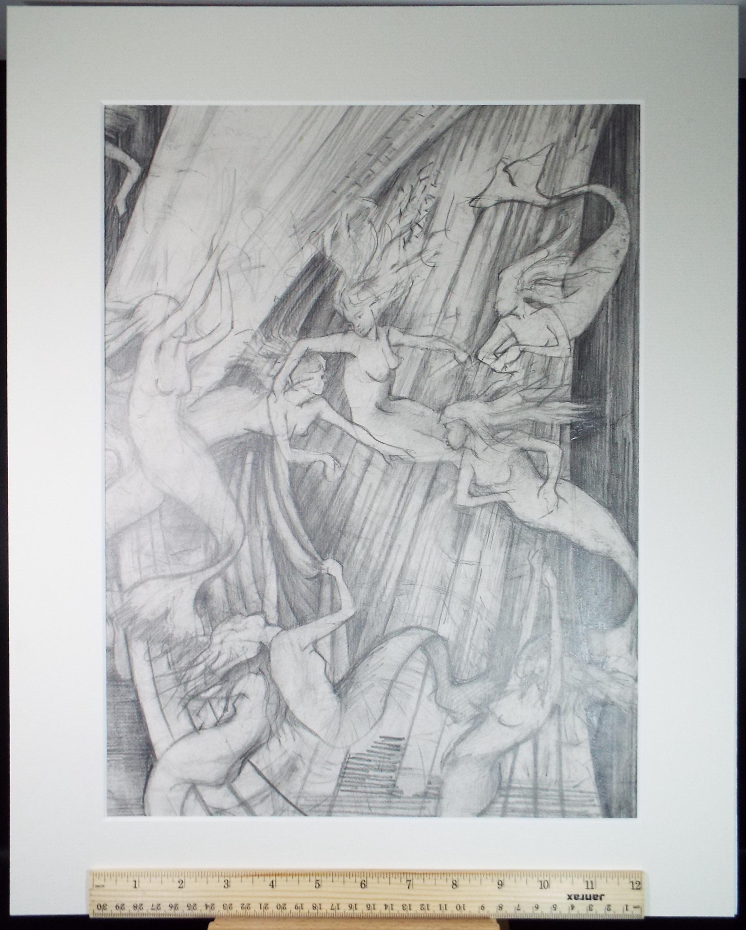 Original Pencil Drawing,'Water Nymphs', Edmund Caswell (1938-1996), circa 1980's