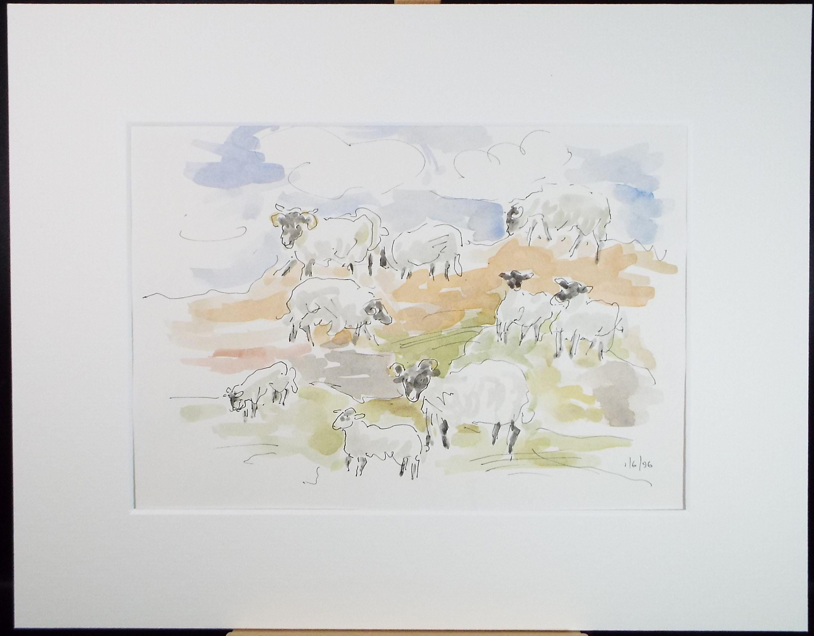 Original Watercolour, 'Flock of Sheep', artist Unknown, circa 1996