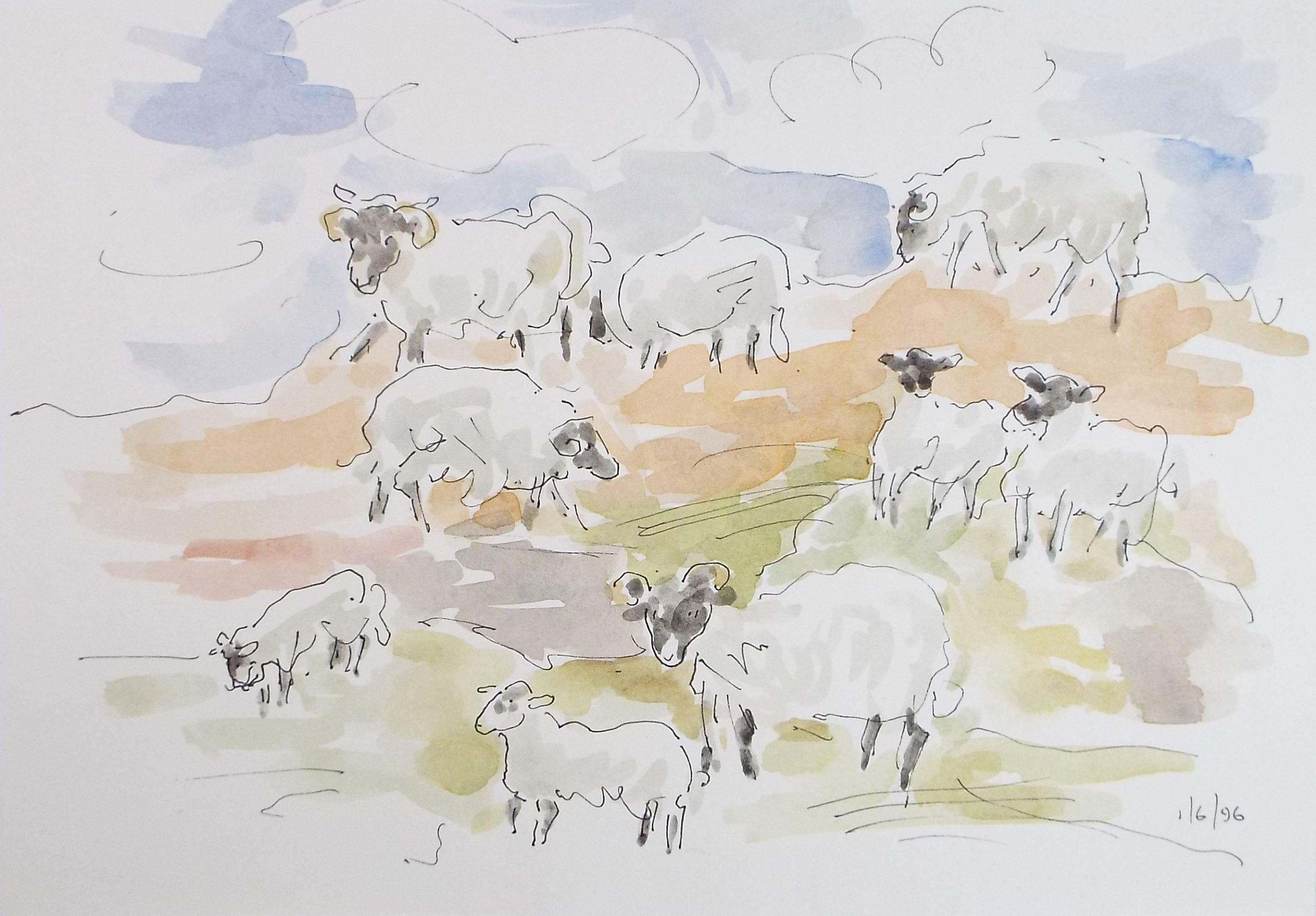 Original Watercolour, 'Flock of Sheep', artist Unknown, circa 1996