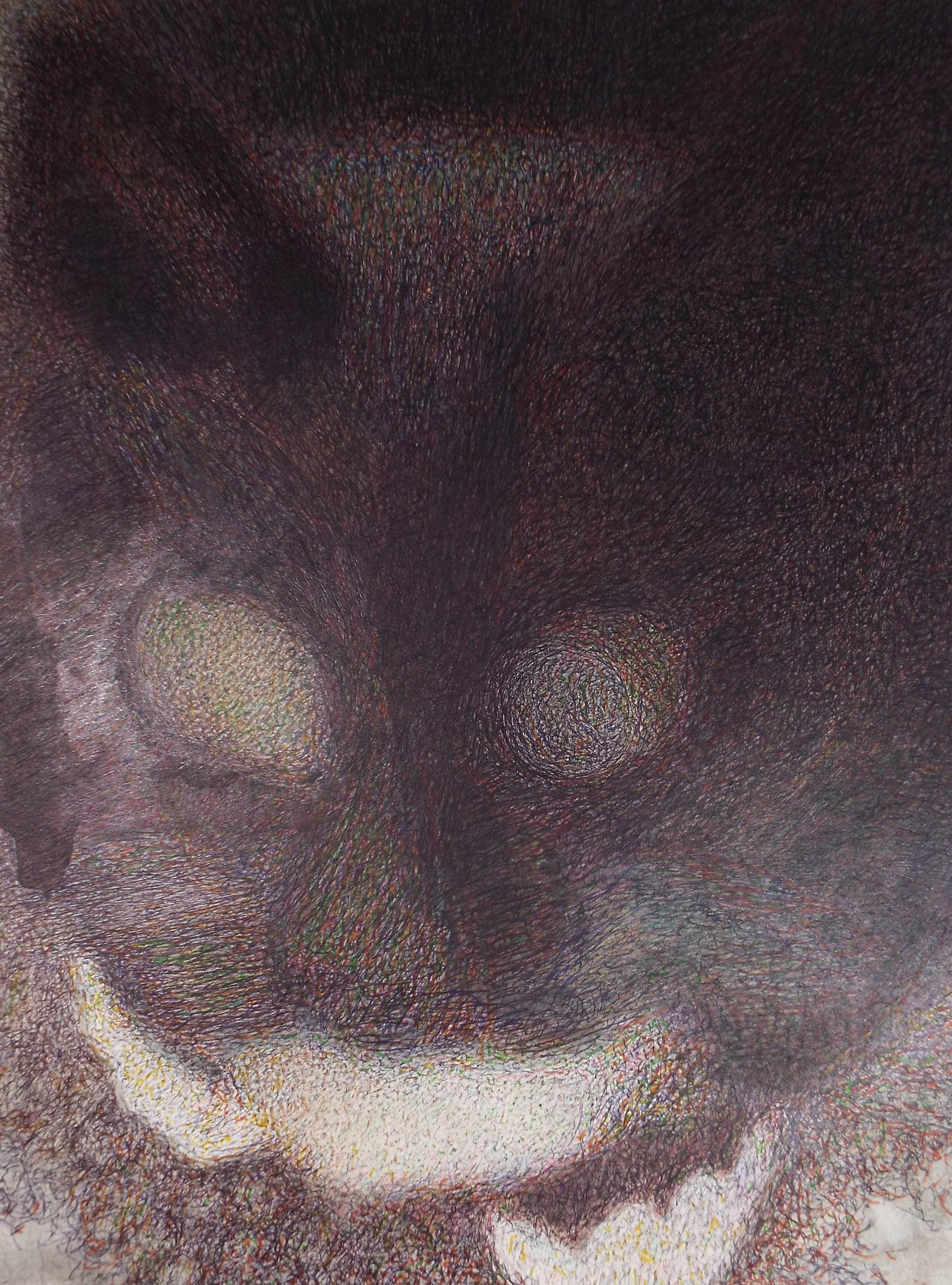 Original Coloured Pencil & Ballpoint pen, 'Black Cat, Unknown Artist, Circa 1980's