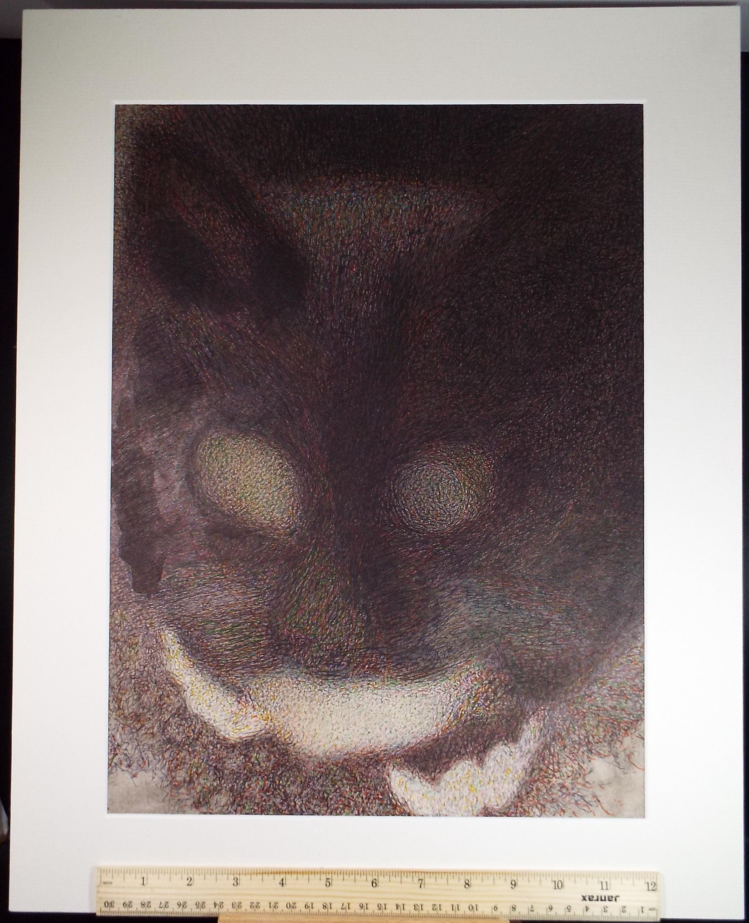 Original Coloured Pencil & Ballpoint pen, 'Black Cat, Unknown Artist, Circa 1980's