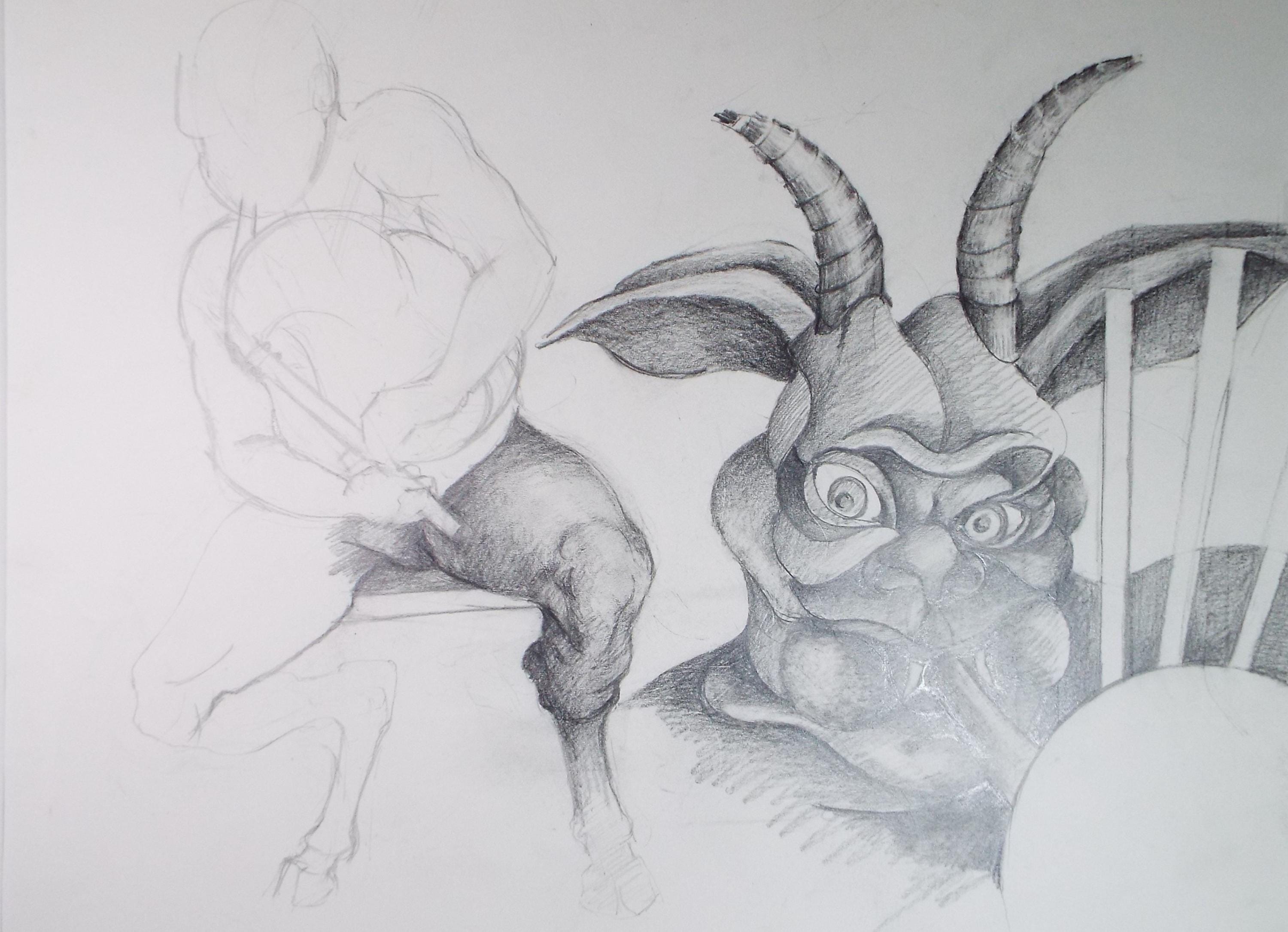 Original Pencil Drawing,'Demon Study', Edmund Caswell (1938-1996), circa 1980's
