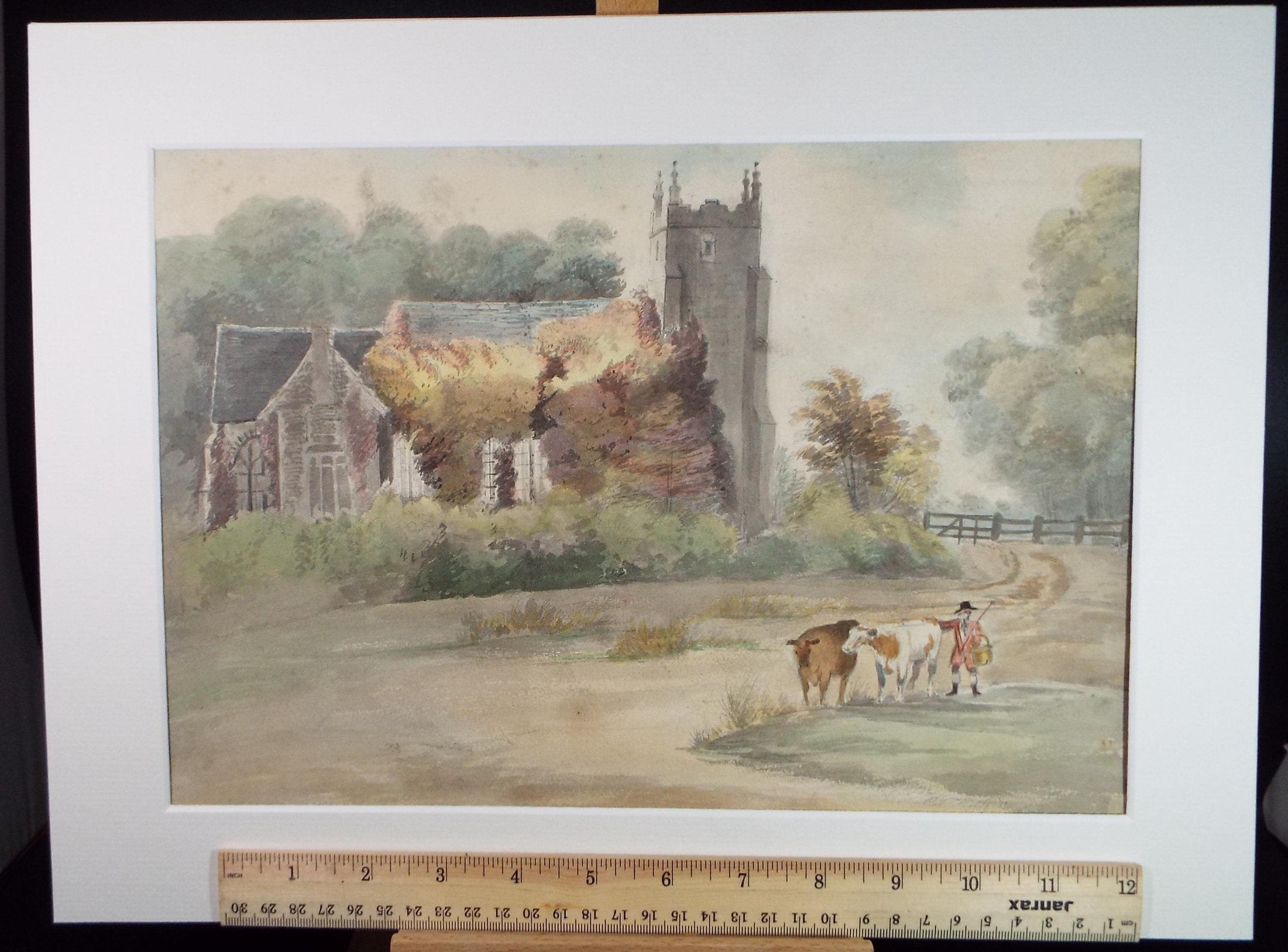 Original Watercolour on Paper, 'Farmer with Cattle', Late 19th Century