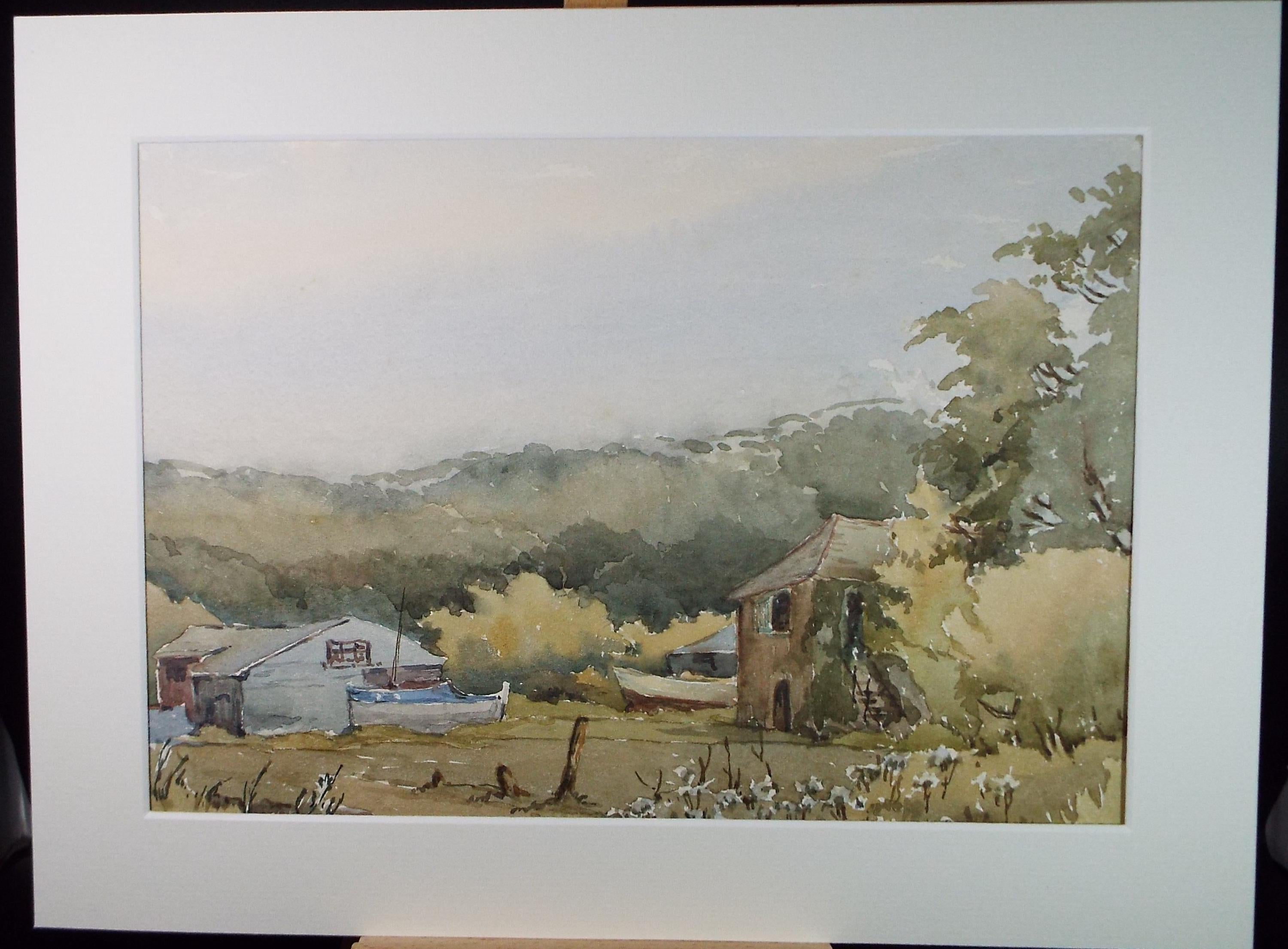 Original Watercolour, 'Boatyard', Gwen Rayner, c1970's