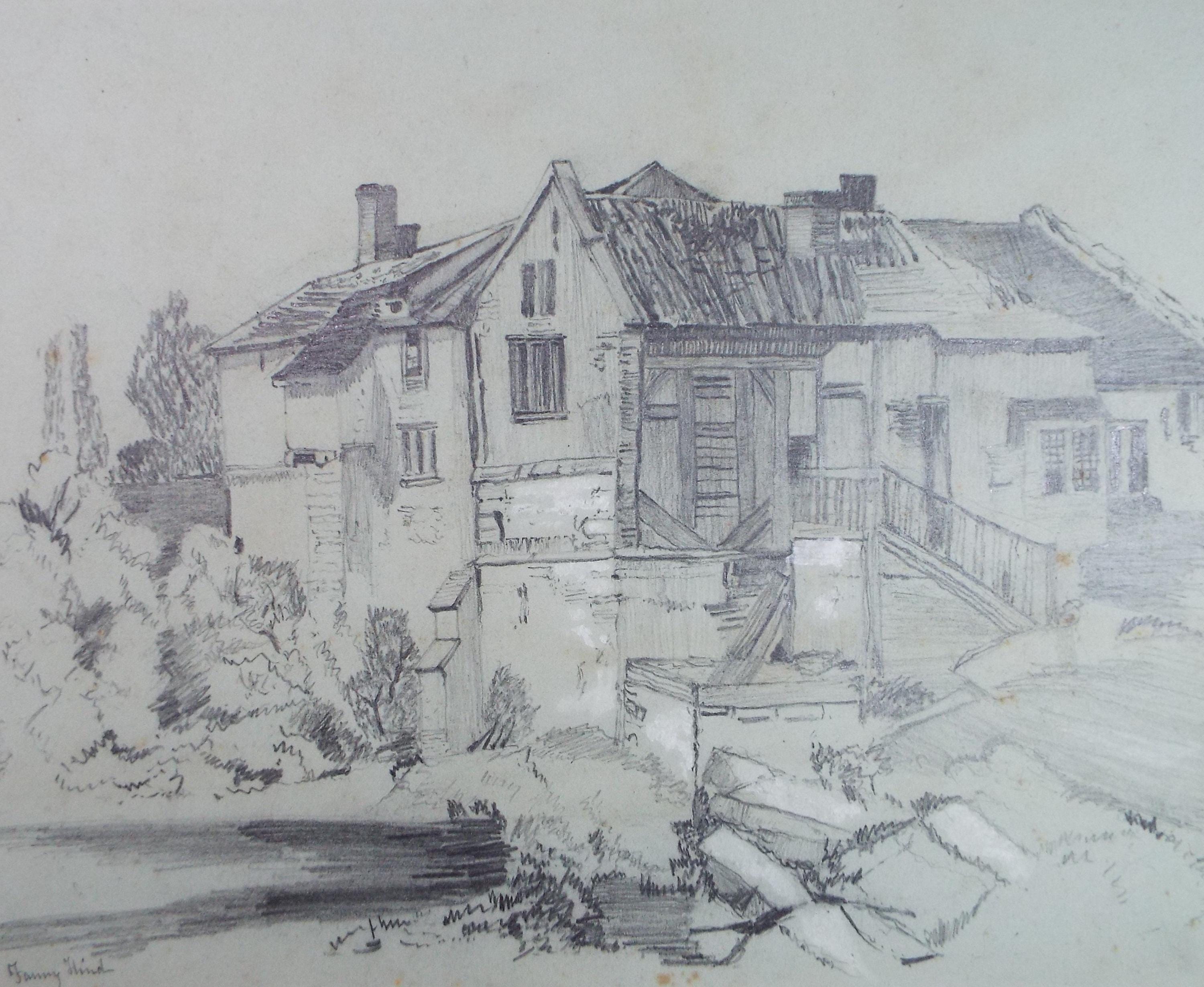 Original Pencil Drawing, 'The Watermill', Late 19th Century, Fanny Hind
