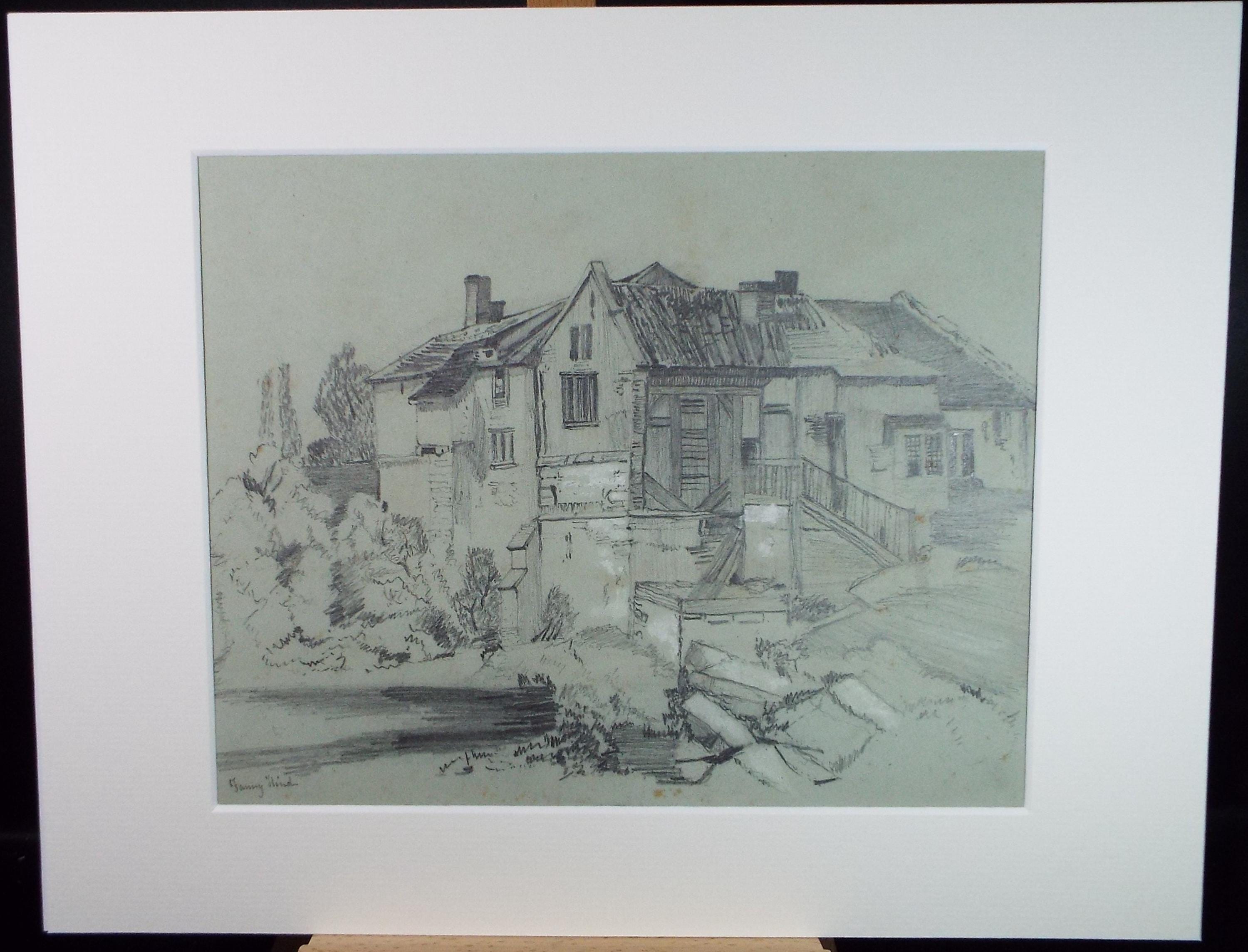 Original Pencil Drawing, 'The Watermill', Late 19th Century, Fanny Hind