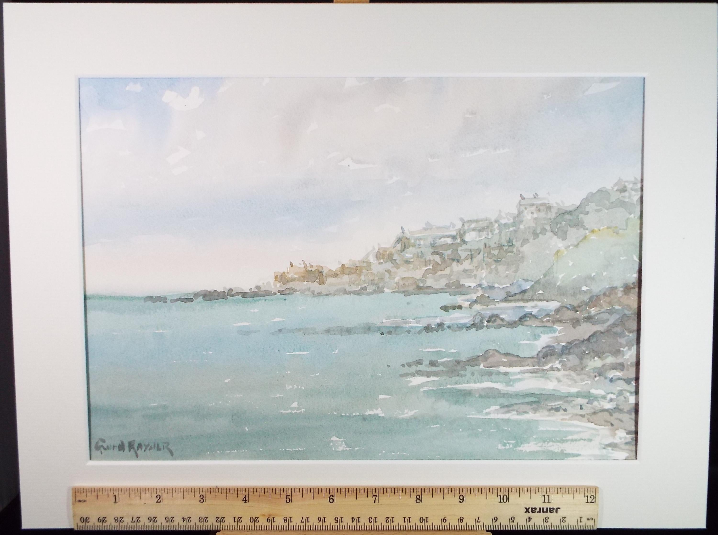 Original Watercolour, 'Coastal Village', Gwen Rayner, c1970's