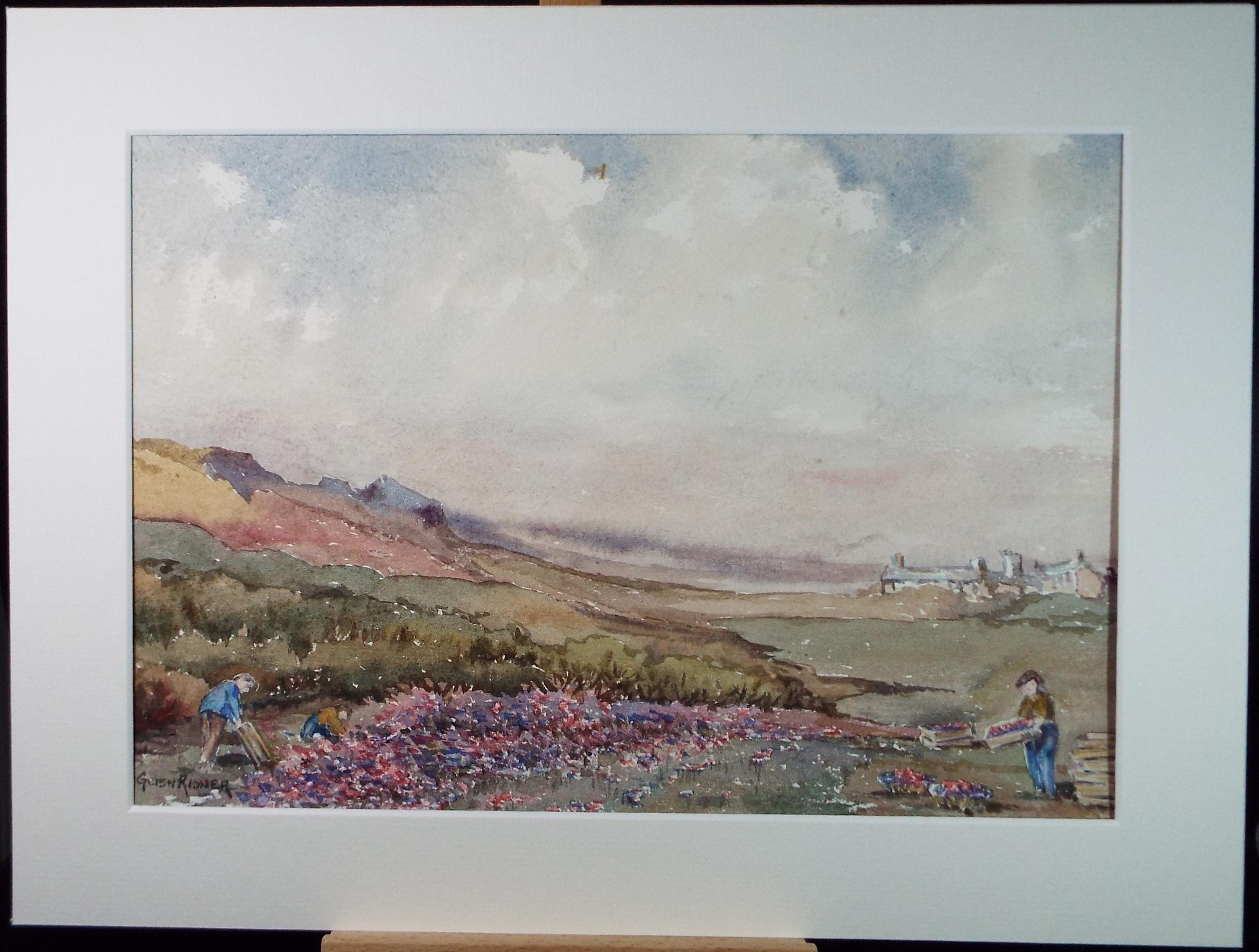 Original Watercolour, 'Crop Picking', Gwen Rayner, c1970's