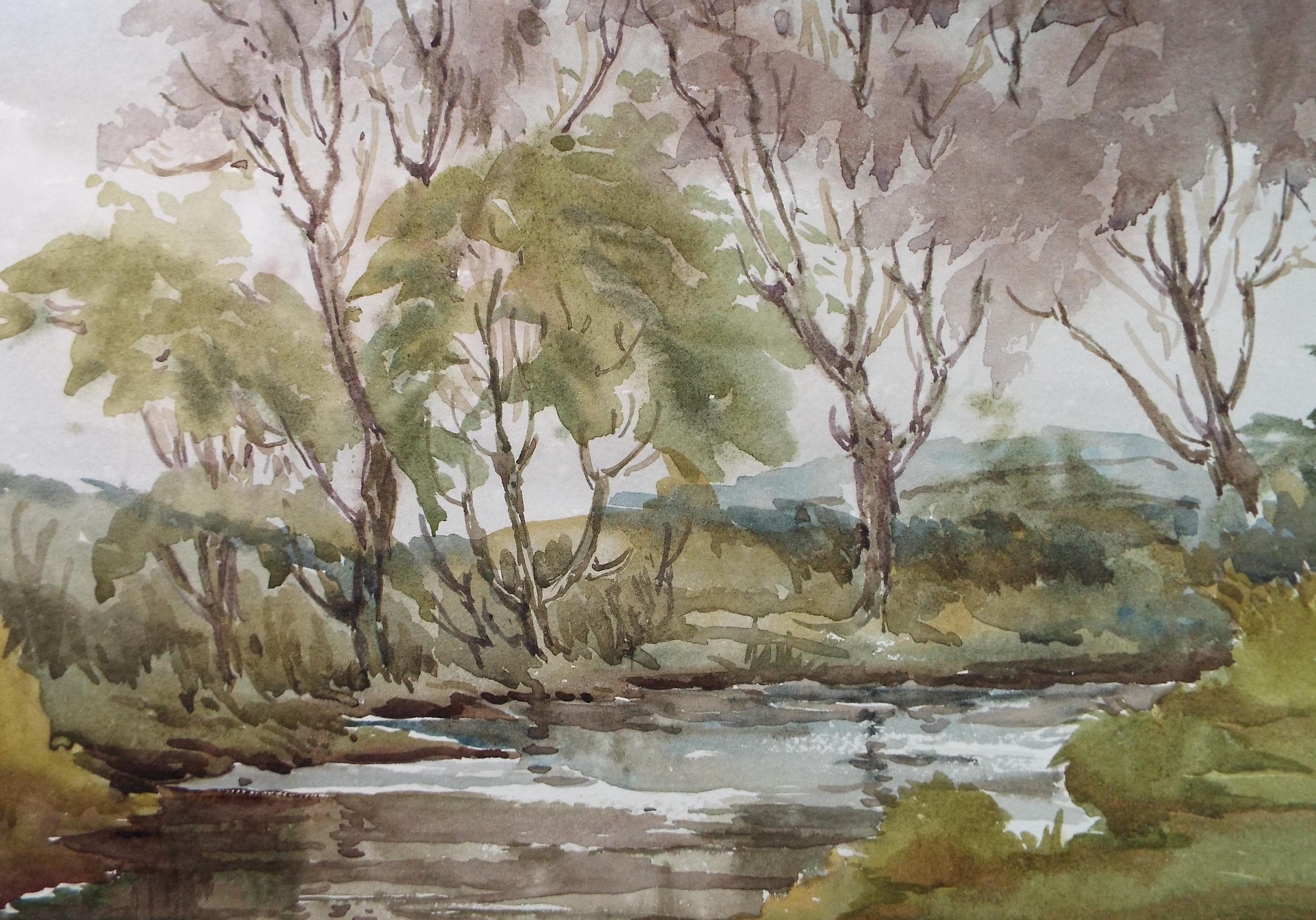 Original Watercolour, 'River Landscape ', Gwen Rayner, c1970's