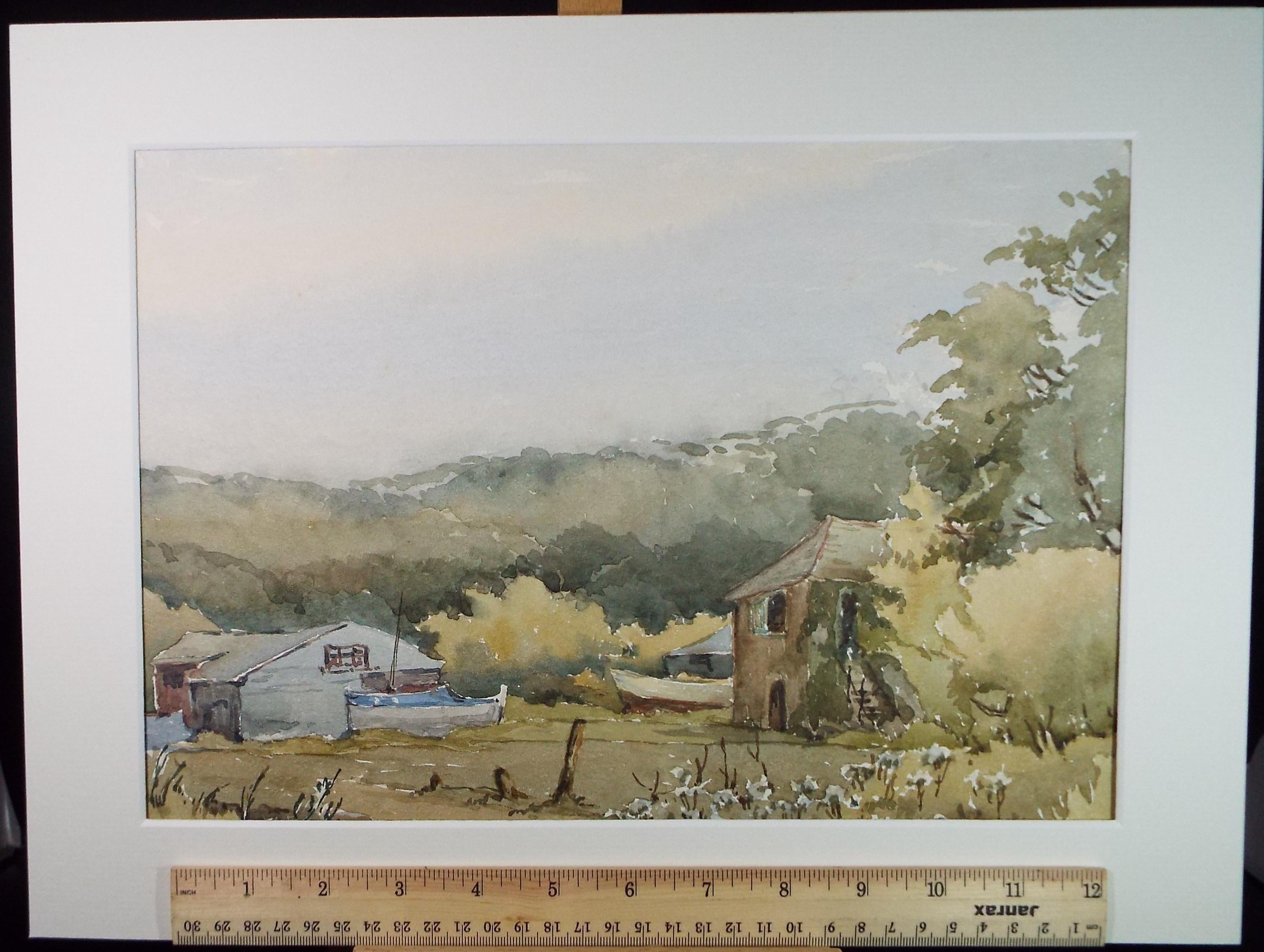 Original Watercolour, 'Boatyard', Gwen Rayner, c1970's