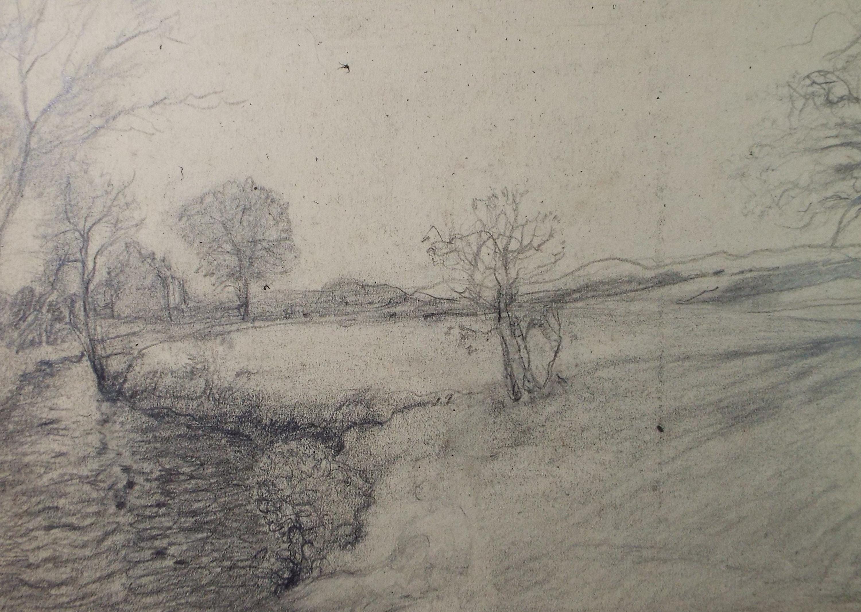 Original Pencil Drawing, 'Riverside Landscape', David Waterson RE FSA (1870-1954) Dated 1905