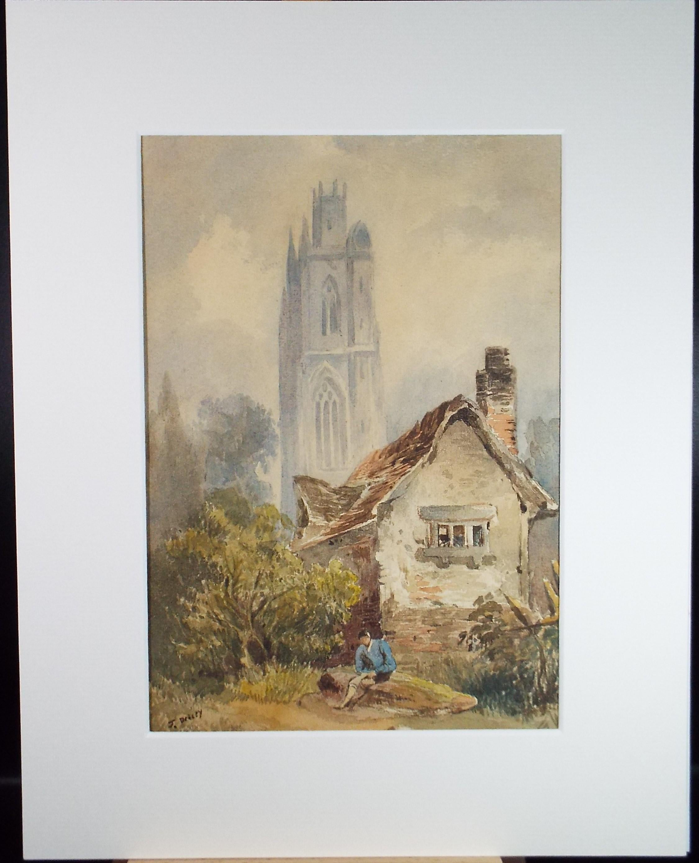 Original Watercolour, 'Cottage, Figure and Church Tower', Late 19th Century