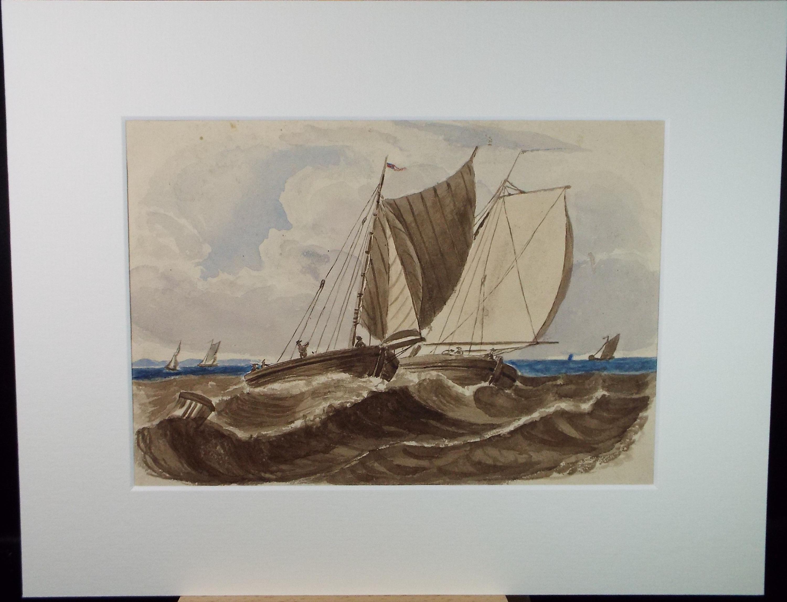 Original Watercolour, 'Fishing Boat in the surf', Late 19th Century, Unknown Artist
