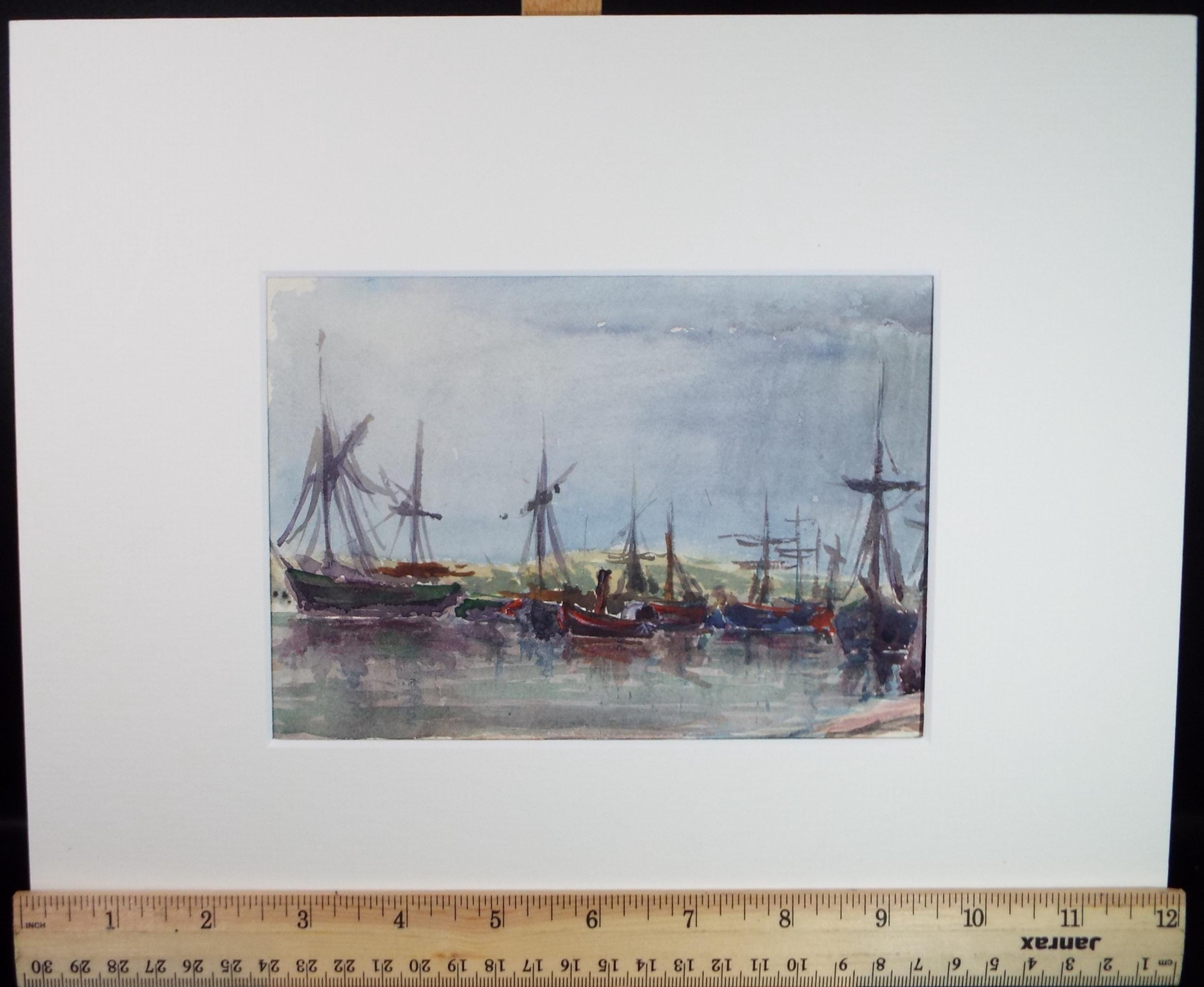 Original Watercolour, 'Boats in the Harbour', Unknown Artist, Early 20th Century