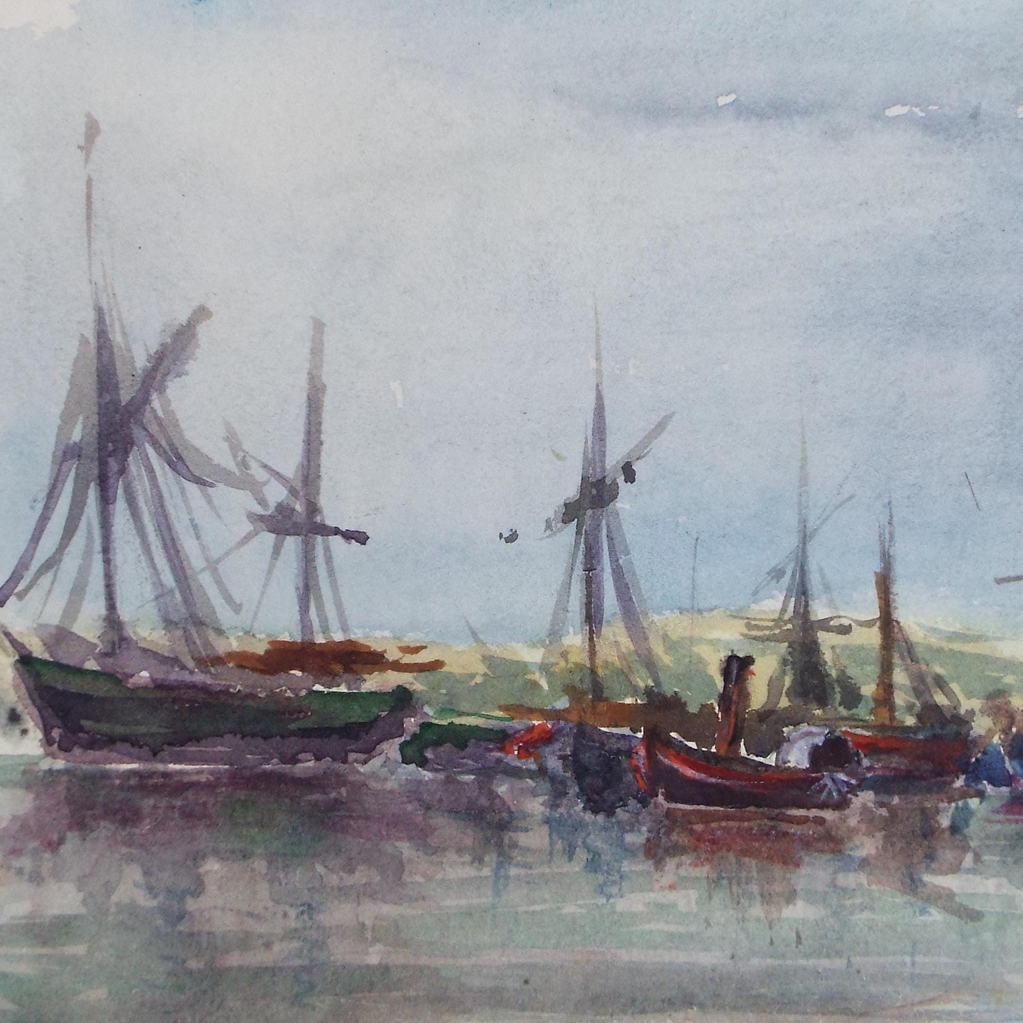Original Watercolour, 'Boats in the Harbour', Unknown Artist, Early 20th Century