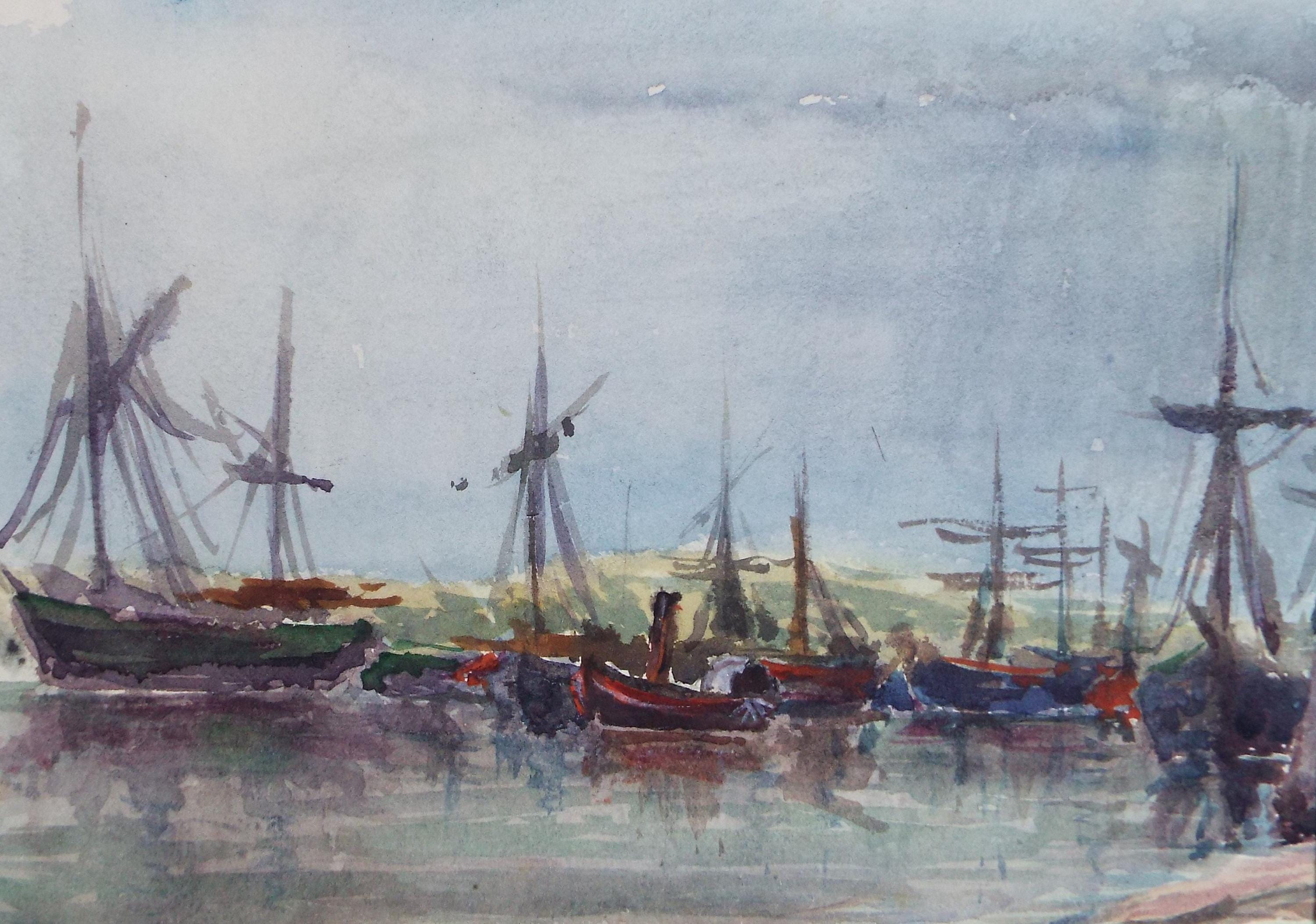 Original Watercolour, 'Boats in the Harbour', Unknown Artist, Early 20th Century