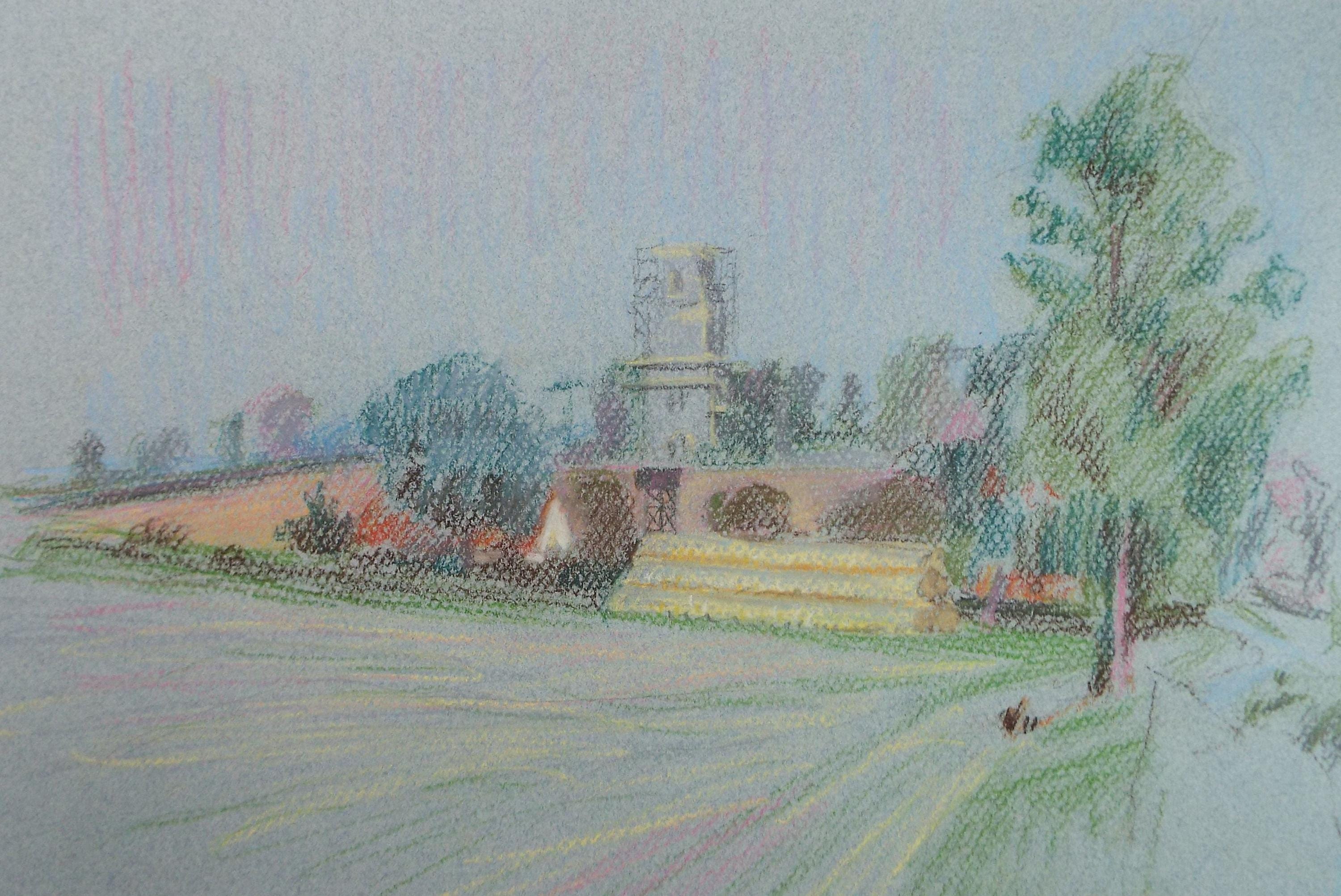 Original Pastel, 'Village Church in a Landscape', Pauline Plummer (b1933), Circa 1990's