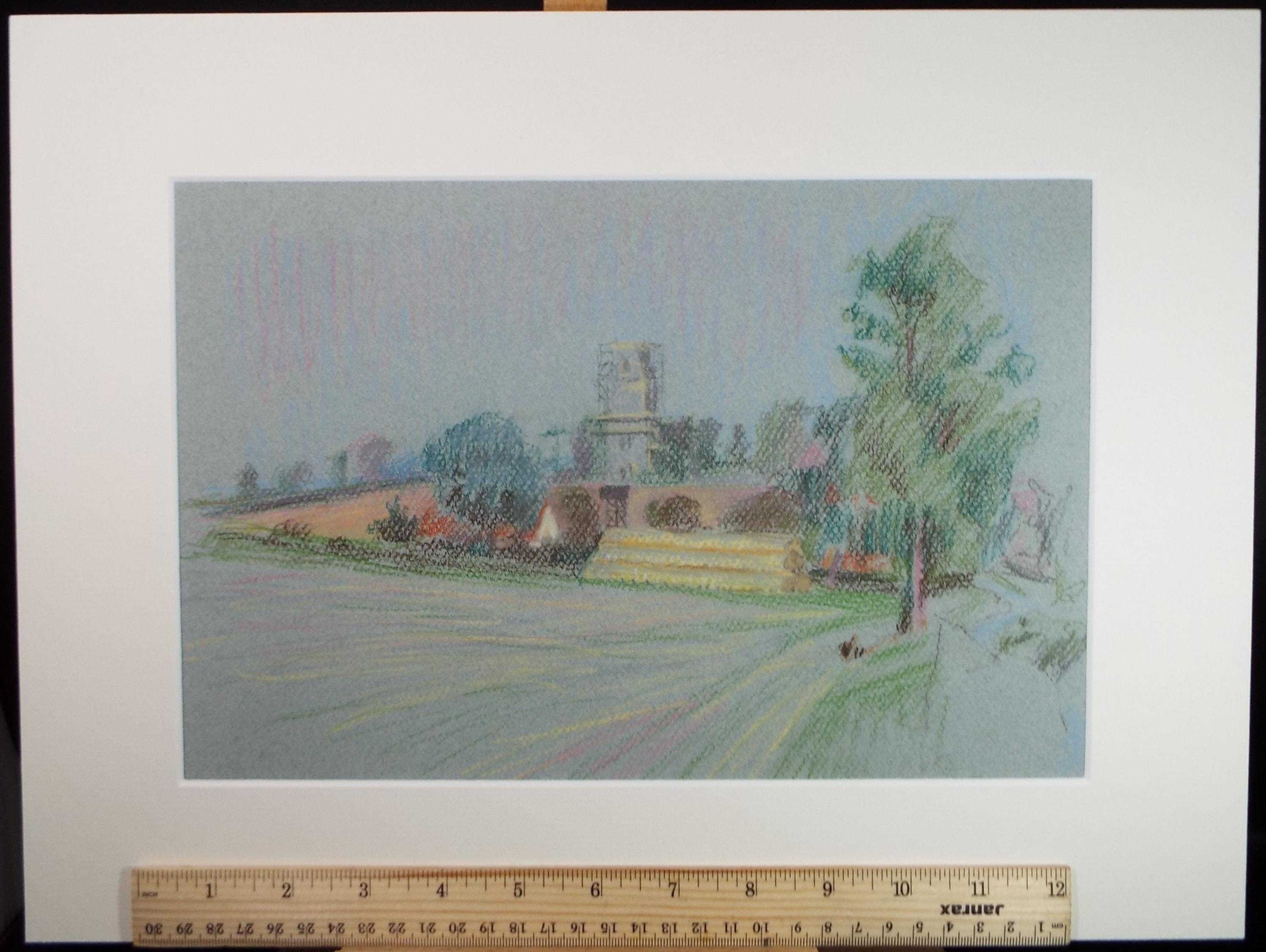 Original Pastel, 'Village Church in a Landscape', Pauline Plummer (b1933), Circa 1990's