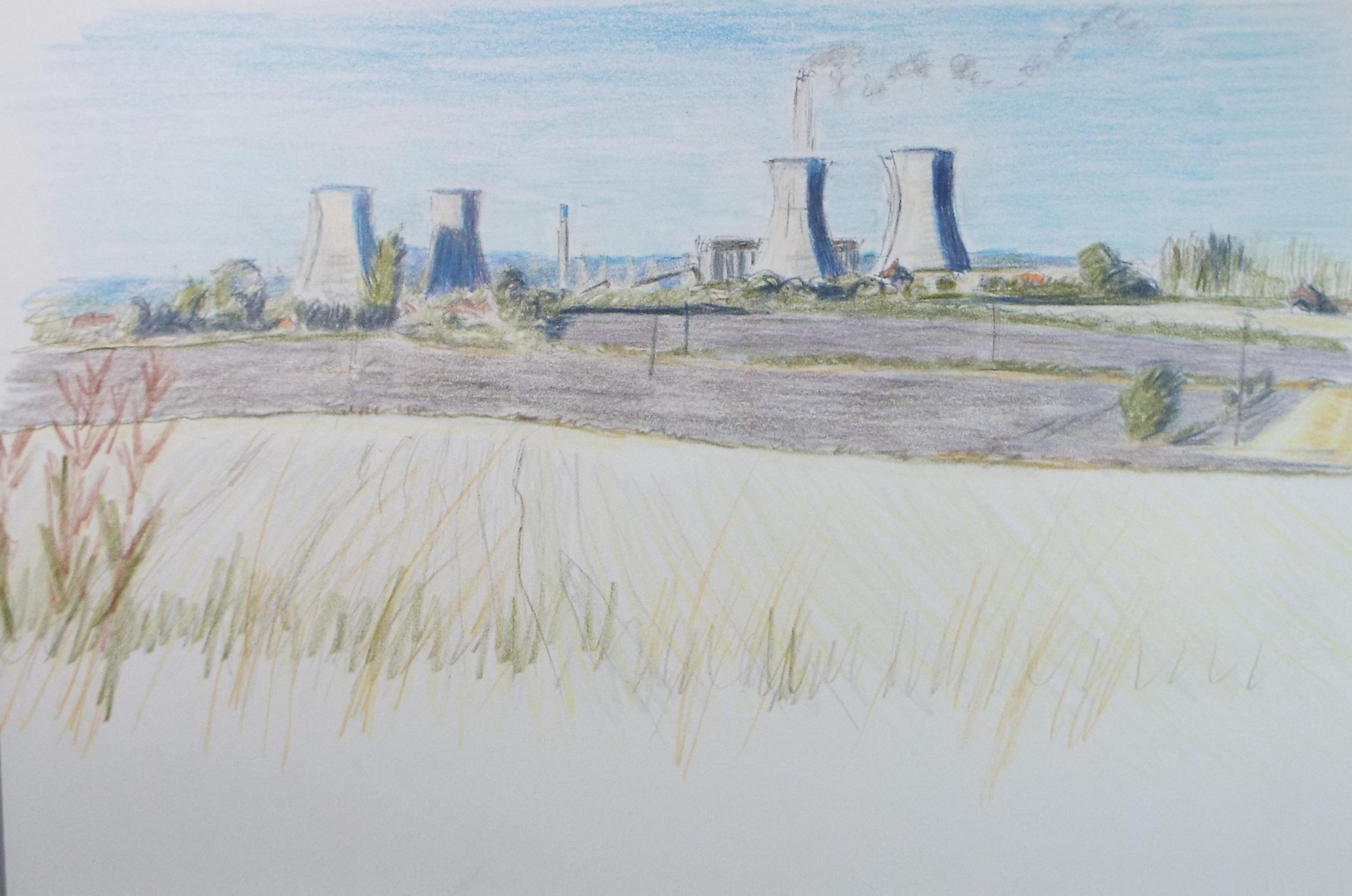 Original Pencil drawing, 'Didcot Power Station' c1990's, Pauline Plummer (b1933)