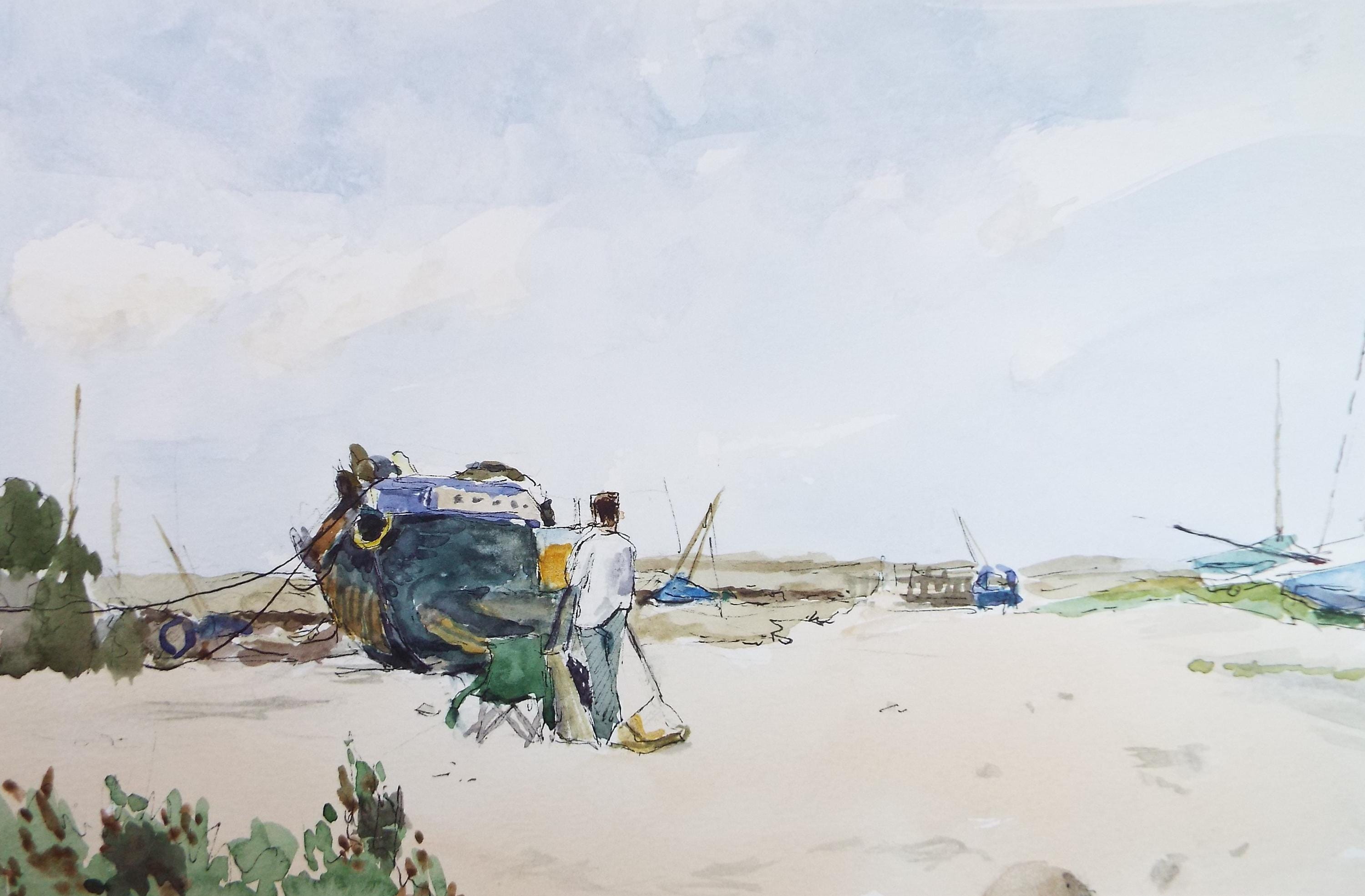 Original watercolour, 'Boatyard', Pauline Plummer (b1933), Circa 1990's