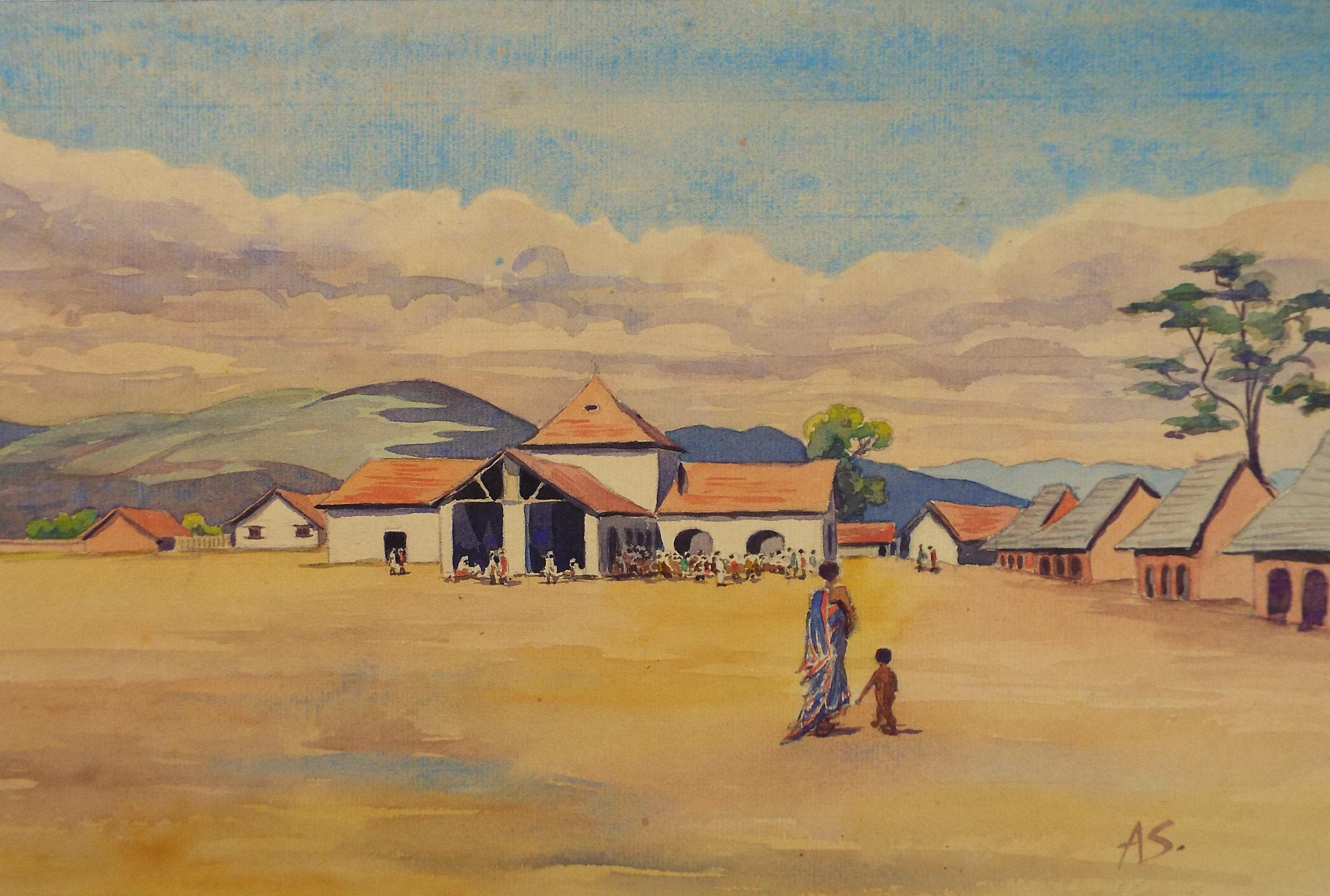 Original Watercolour, 'African village with figures', circa 1920's, Initialled A.S.