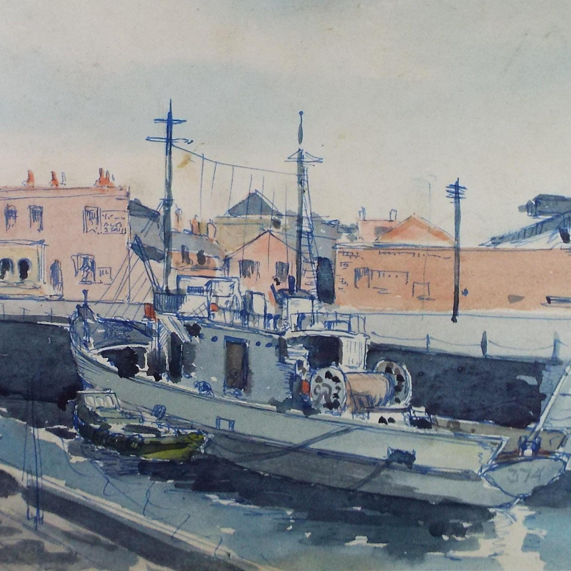 Original Watercolour, 'Flathouse Quay', Dated 1948, Charles Frederick Way (1906-1981)