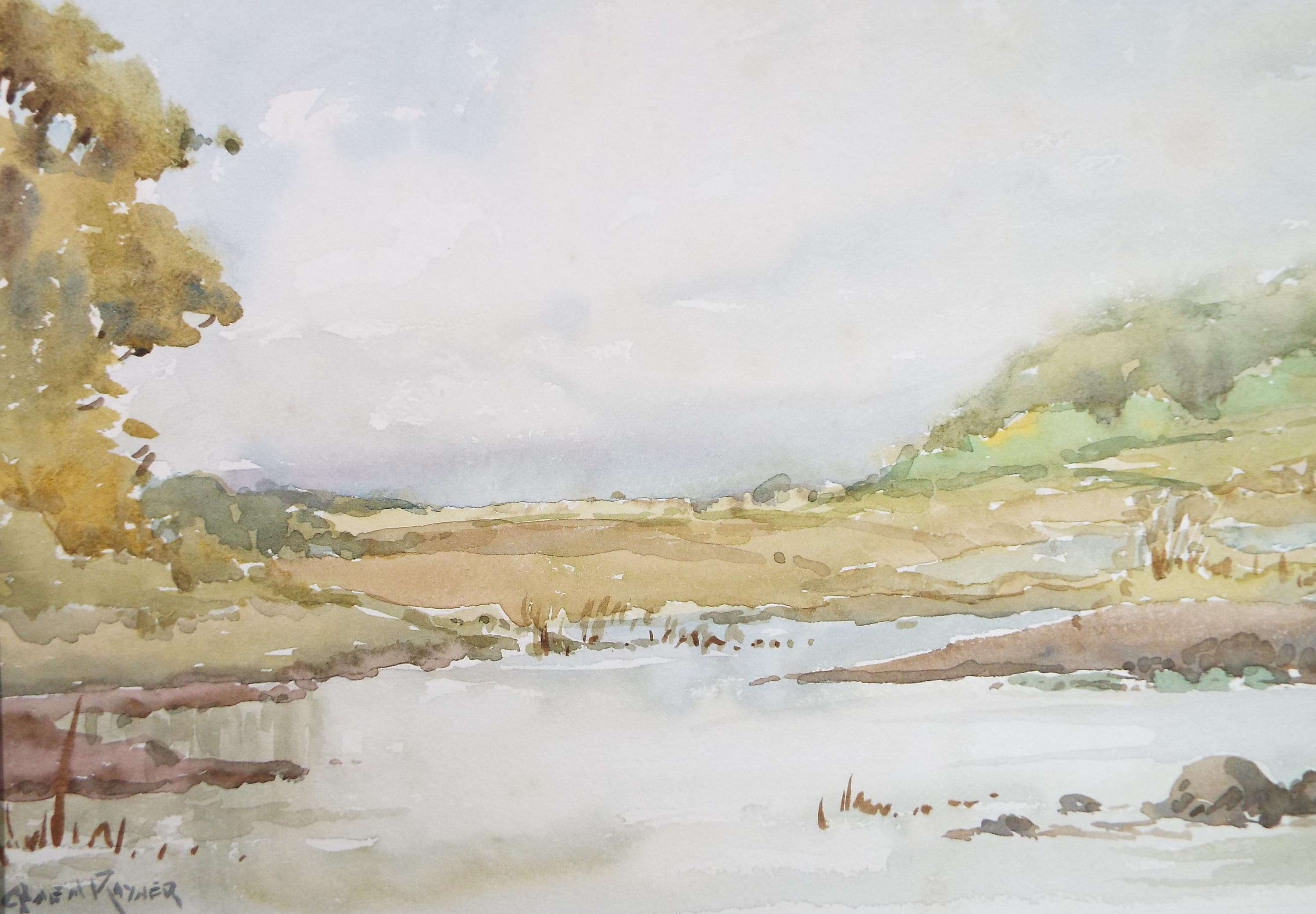 Original Watercolour, 'River though moorland', Gwen Rayner, c1970's