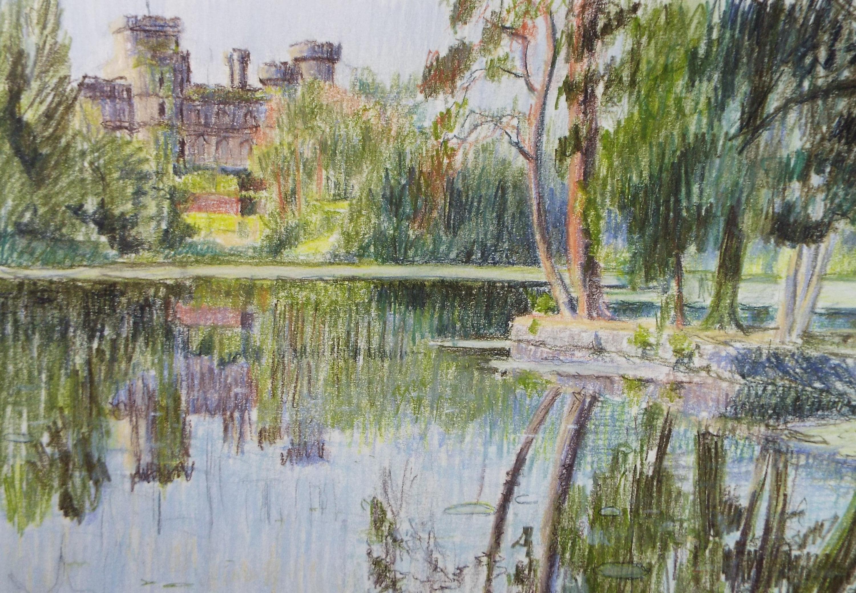 Coloured Pencil drawing 'Warwick Castle', Pauline Plummer (b1933), Circa 1990's