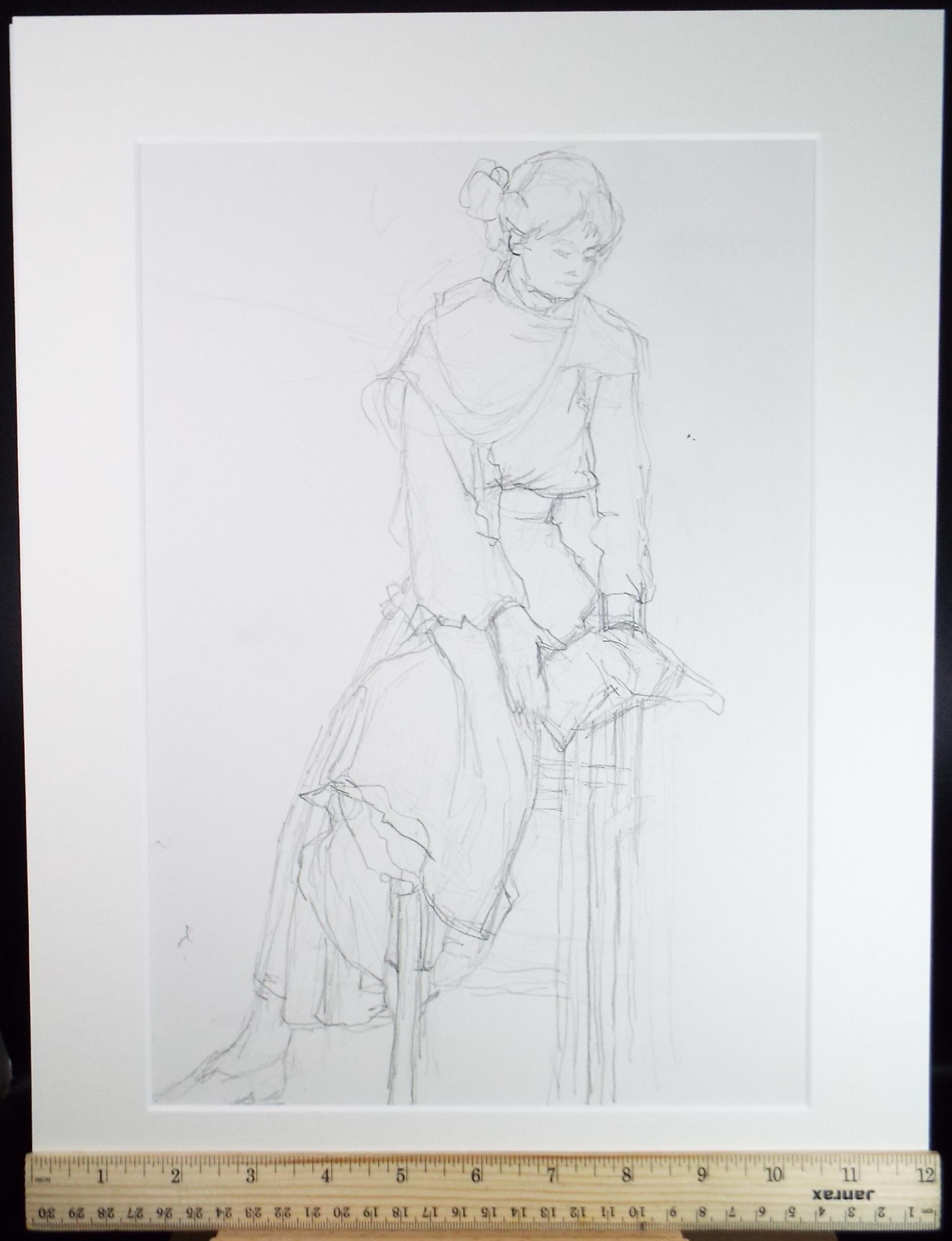 Pencil drawing 'Woman on a stool', Pauline Plummer (b1933), Circa 1990's