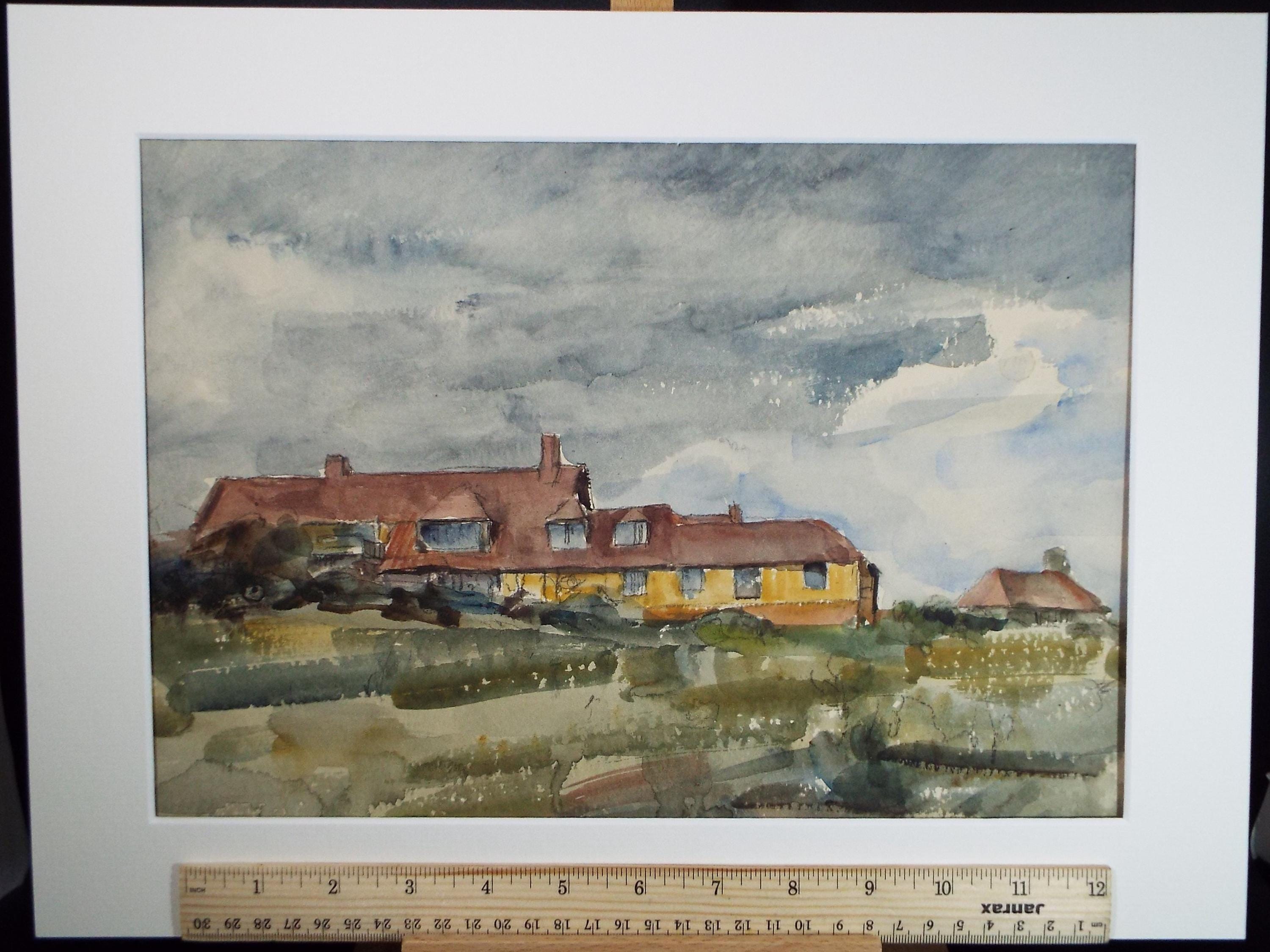 Original Watercolour, 'House on a hill', A E Borthwick (1871-1955), circa 1940's
