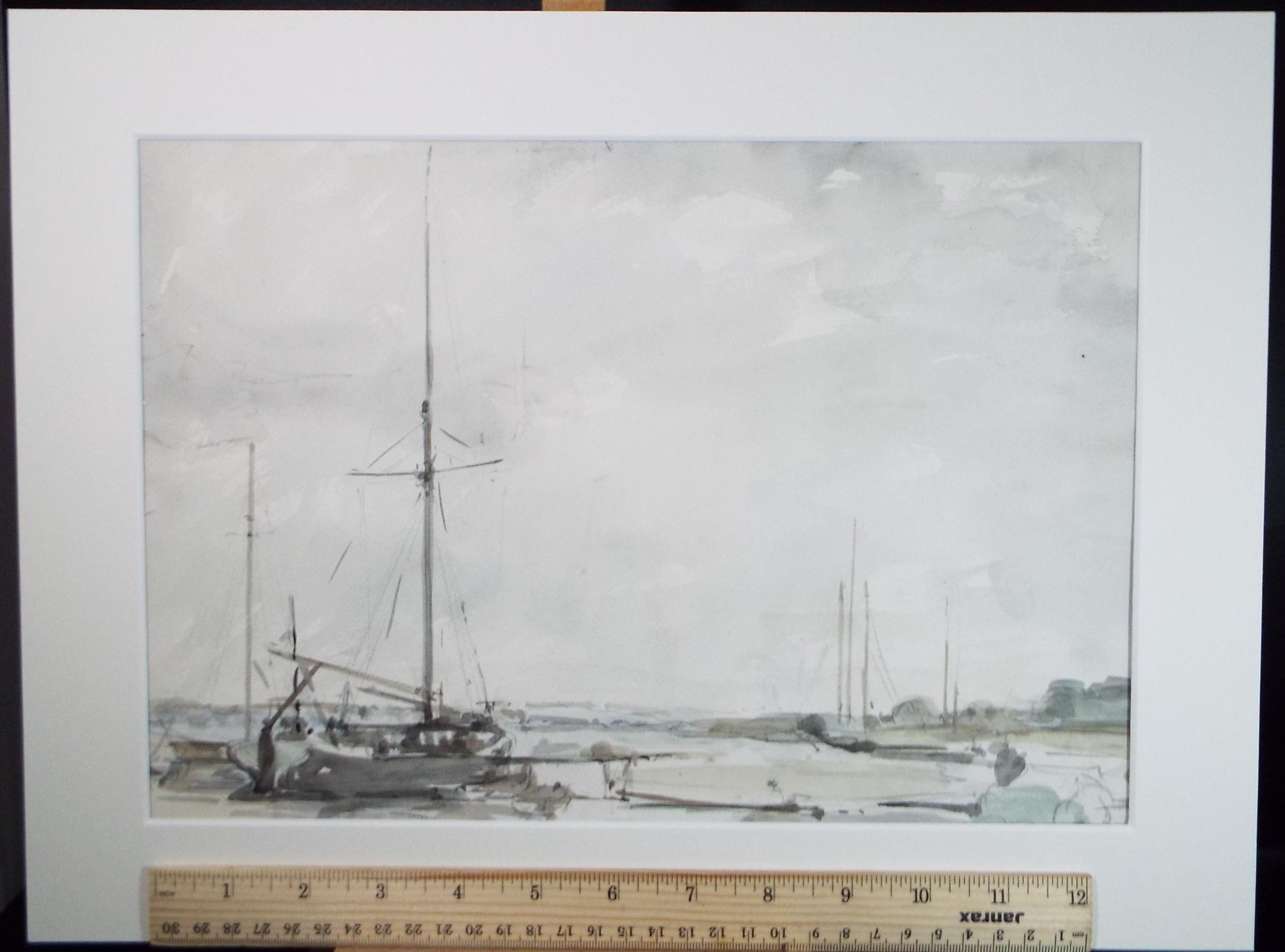 Original Watercolour, 'Boats on the shore', A E Borthwick (1871-1955), circa 1940's