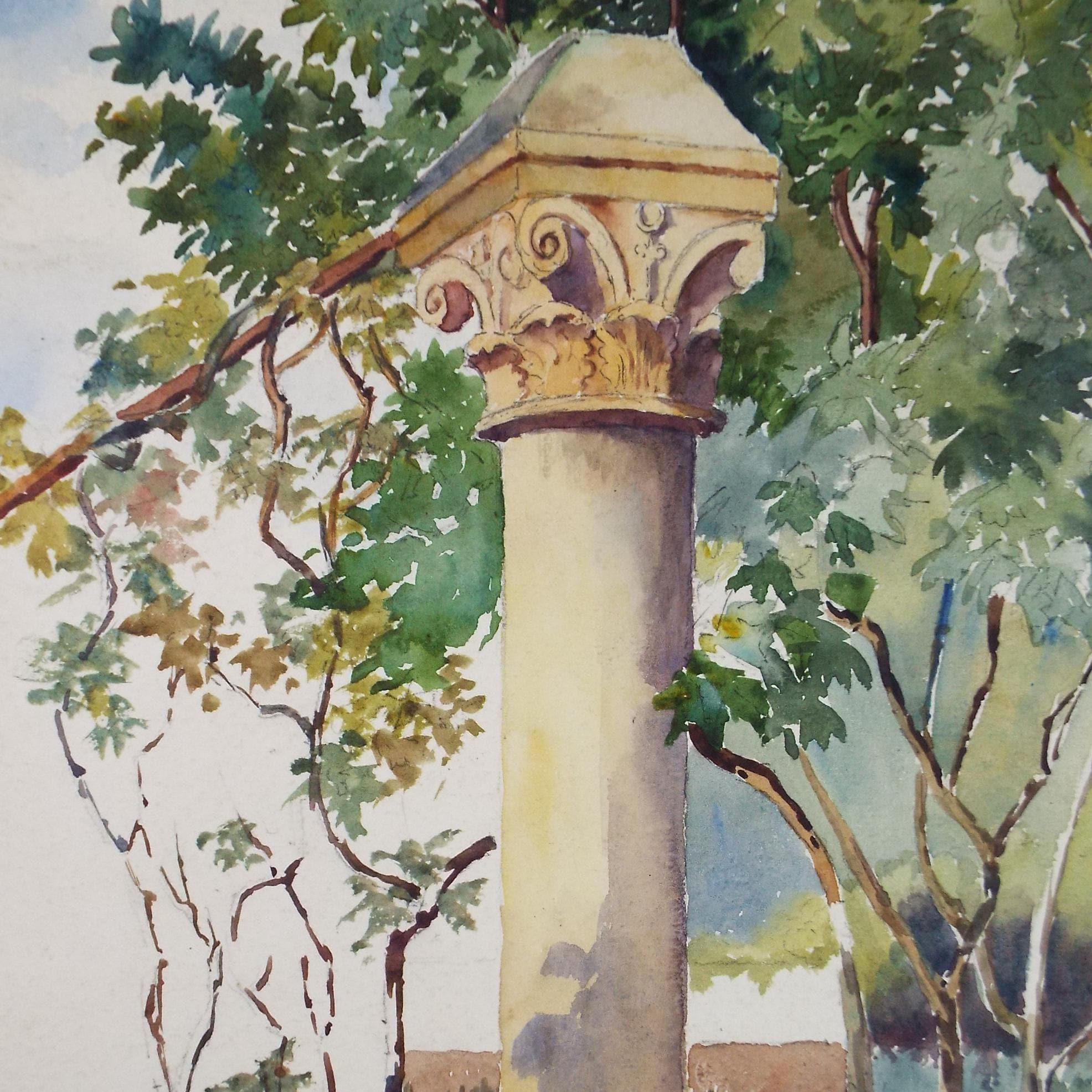 Original Watercolour, 'Study of a Corinthian Column', Unknown artist, dated 1909