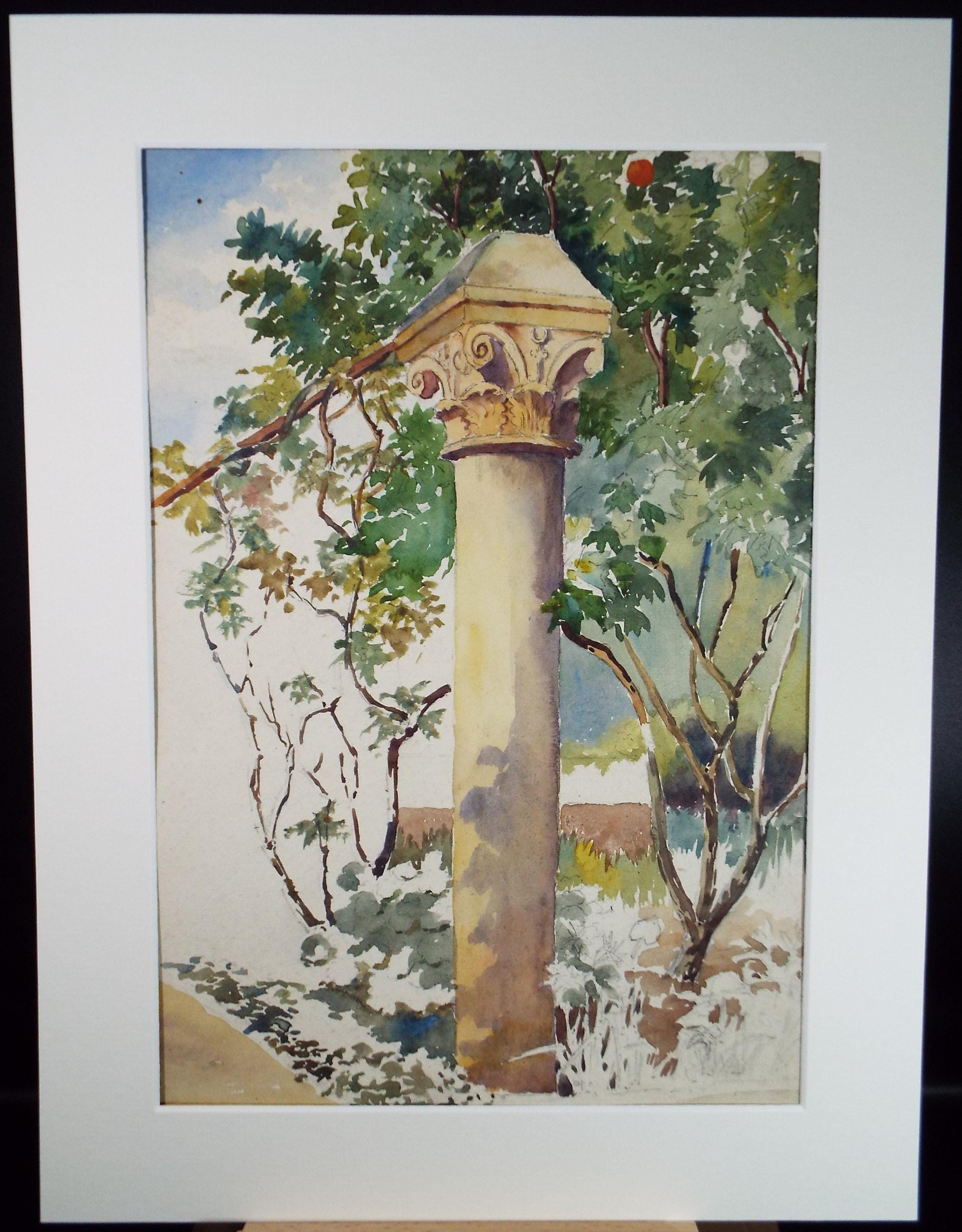 Original Watercolour, 'Study of a Corinthian Column', Unknown artist, dated 1909