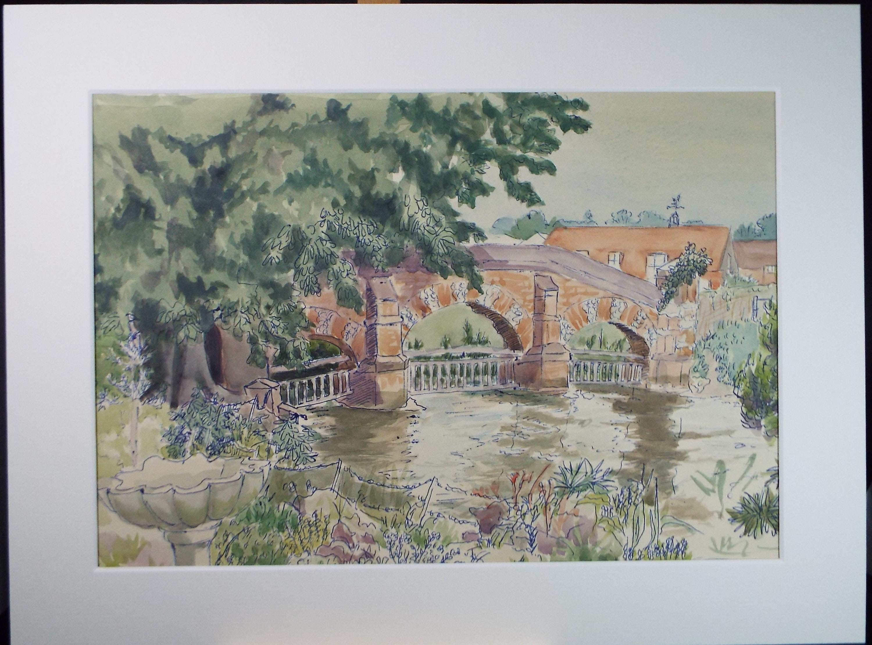 Original Watercolour, 'Bridge over the River', A E Borthwick (1871-1955), Circa 1940's