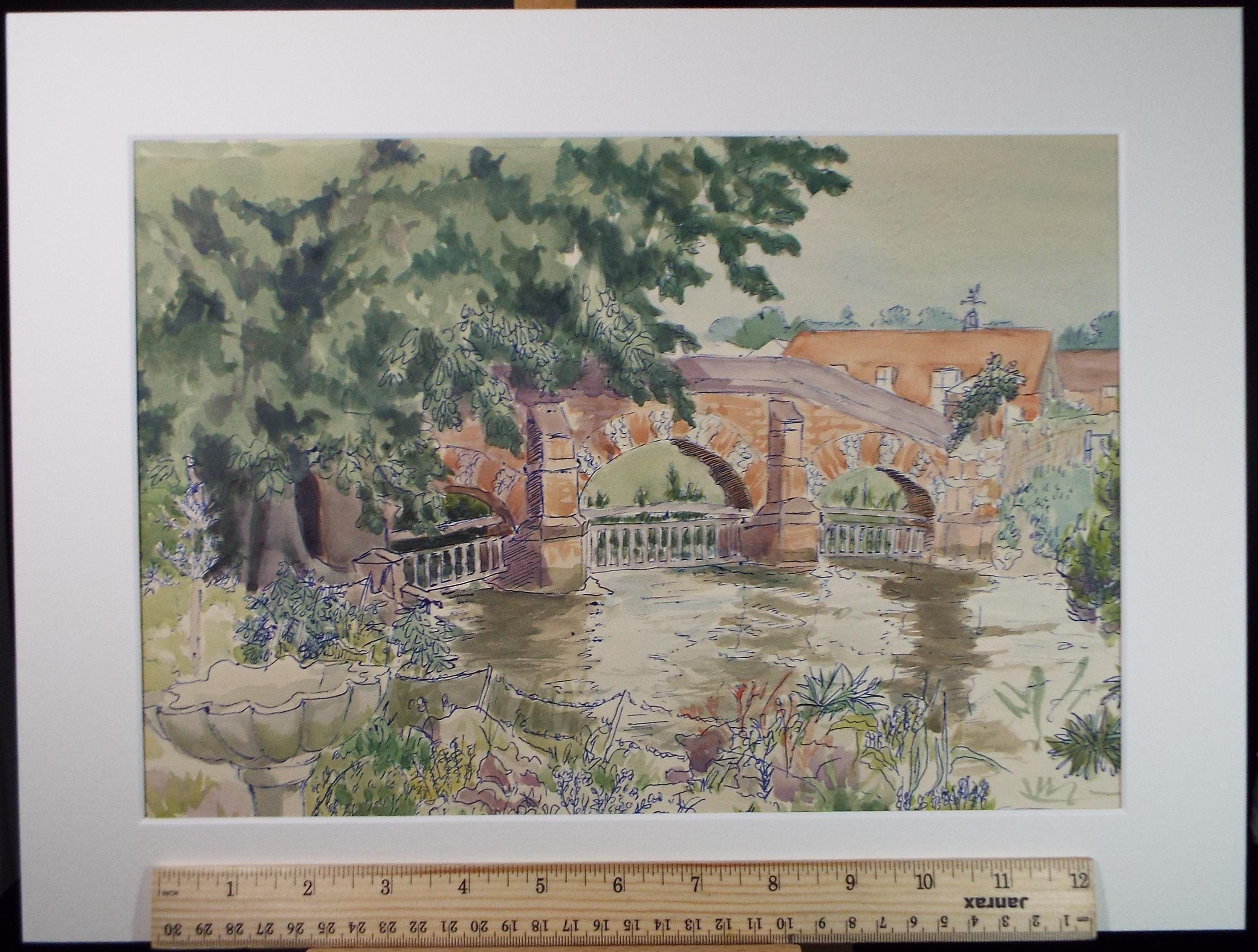 Original Watercolour, 'Bridge over the River', A E Borthwick (1871-1955), Circa 1940's