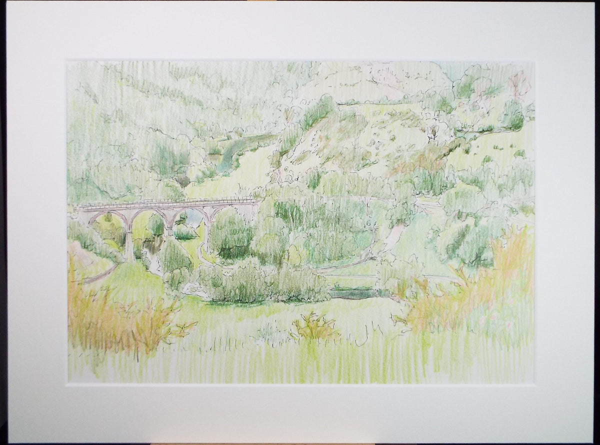 Coloured Pencil drawing 'Viaduct in a Landscape', Pauline Plummer (b1933)
