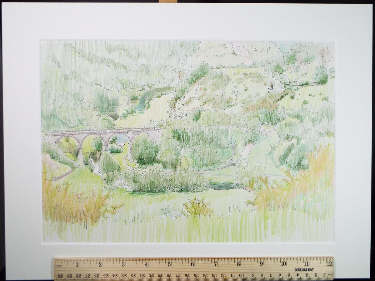 Coloured Pencil drawing 'Viaduct in a Landscape', Pauline Plummer (b1933)