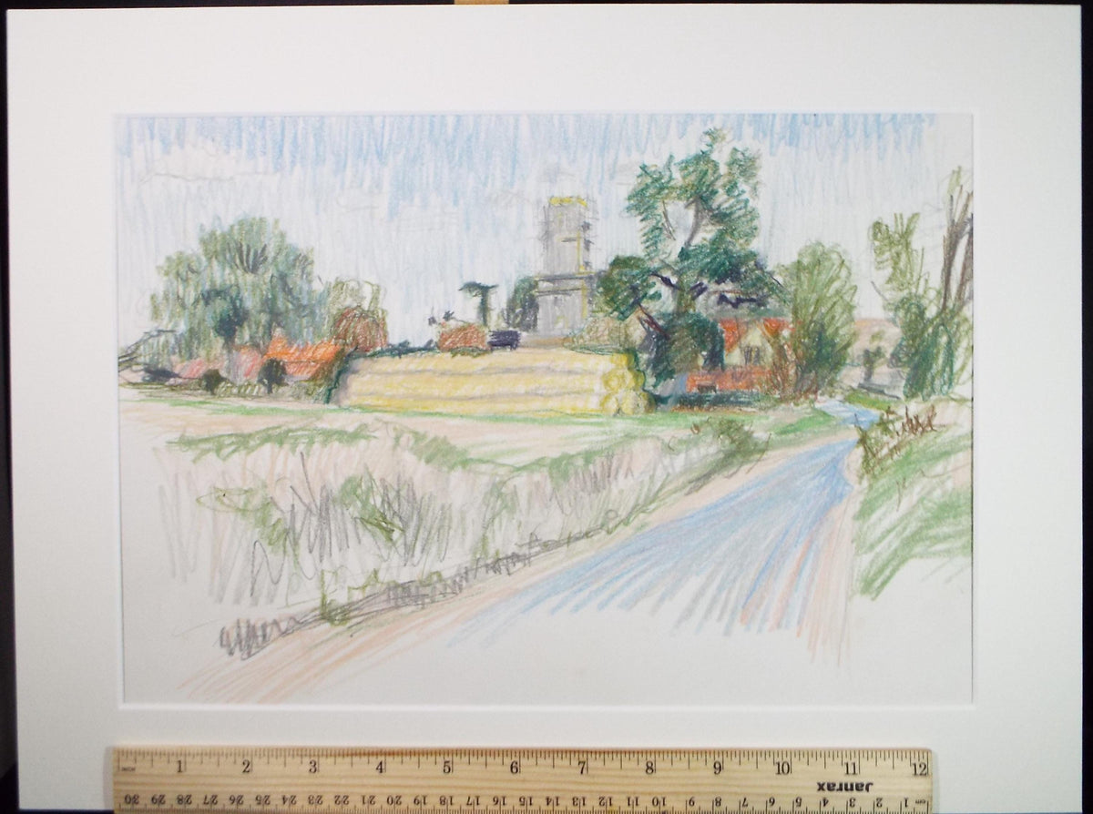 Coloured Pencil drawing 'Village with Church', Pauline Plummer (b1933)