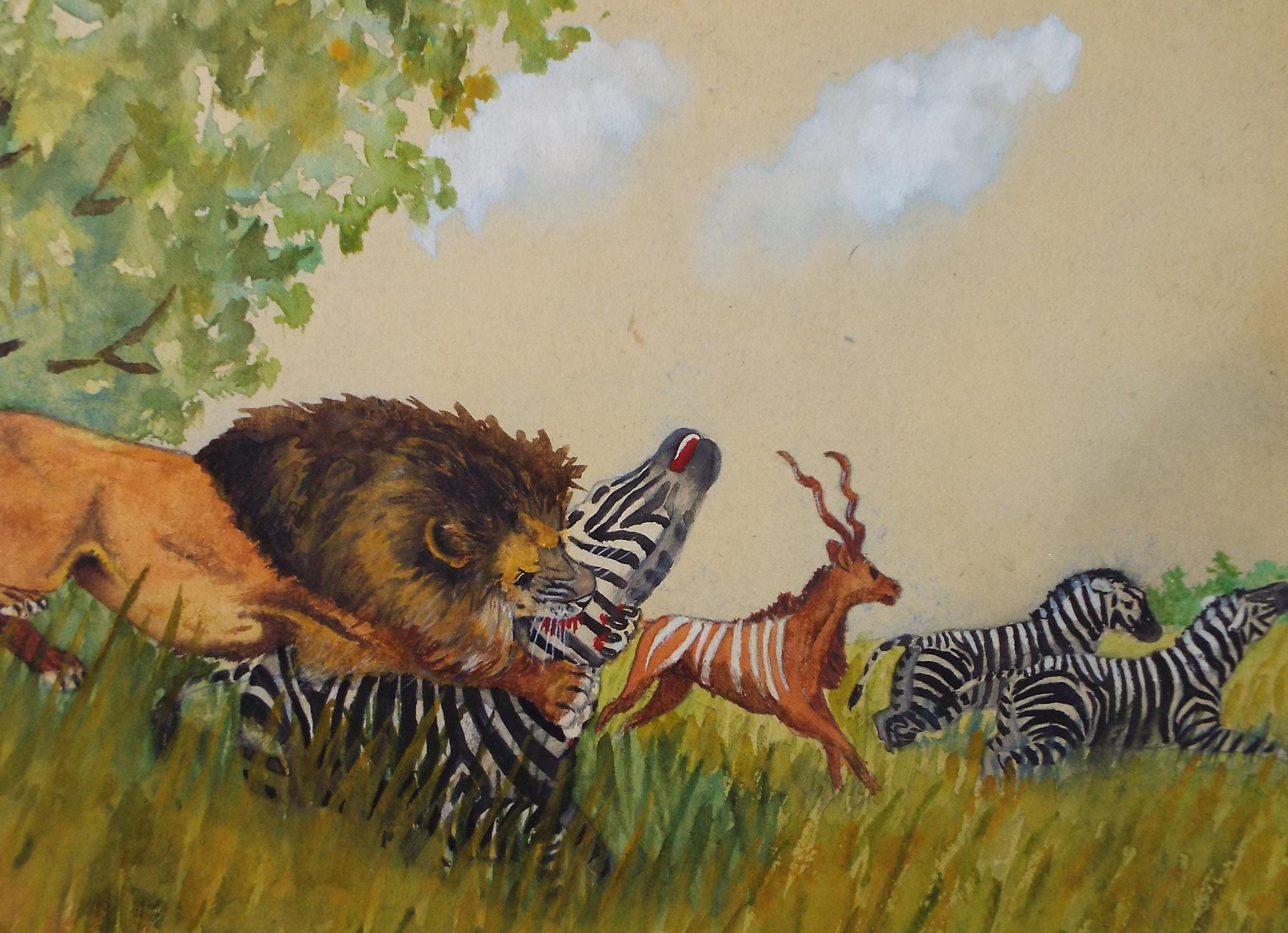 Original Watercolour, 'Hunt on the Savanna', Circa 1920's, Artist Unknown