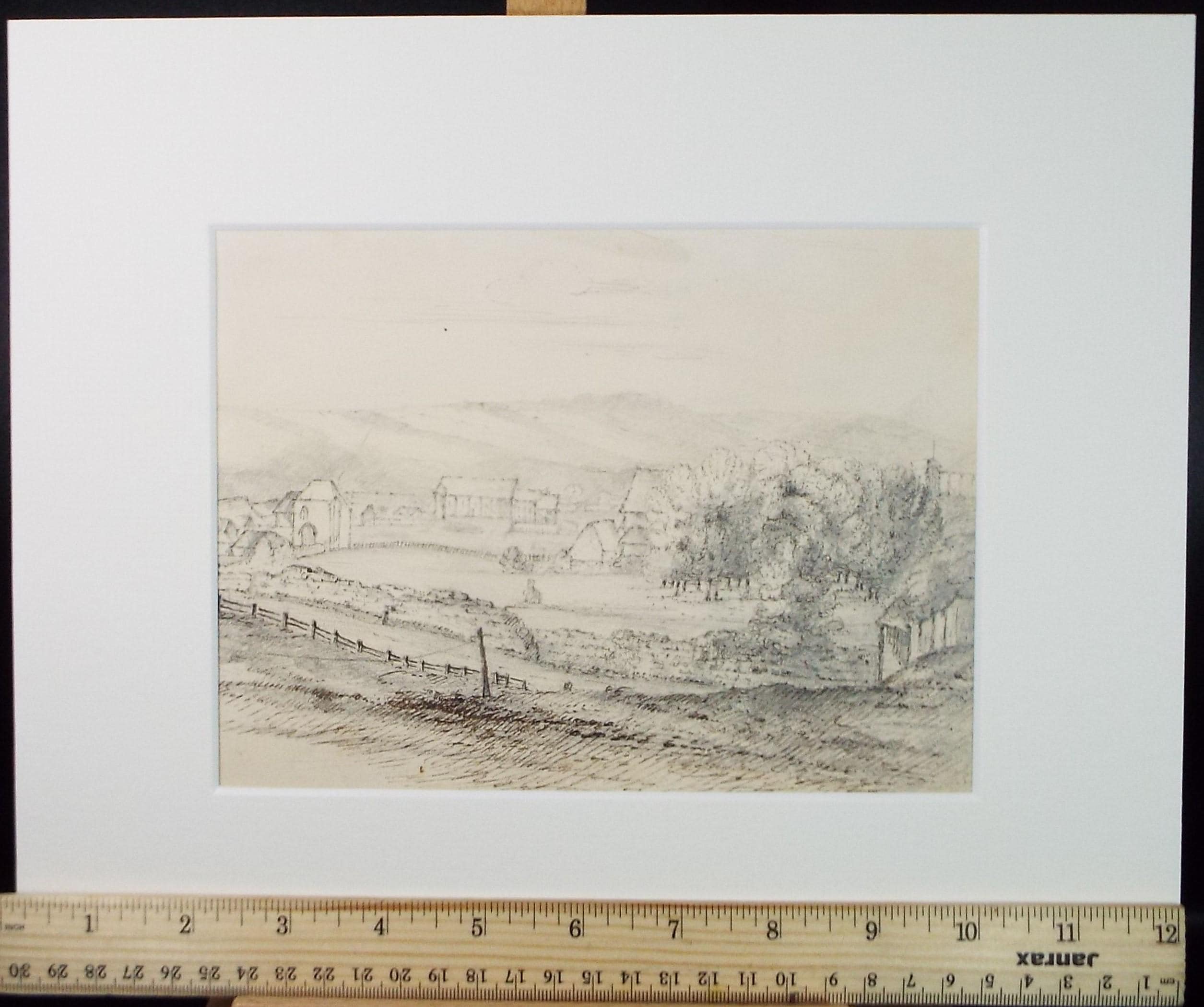 Original Pen & Ink, 'Village below the Hills', Mid 19th Century, Artist Unknown