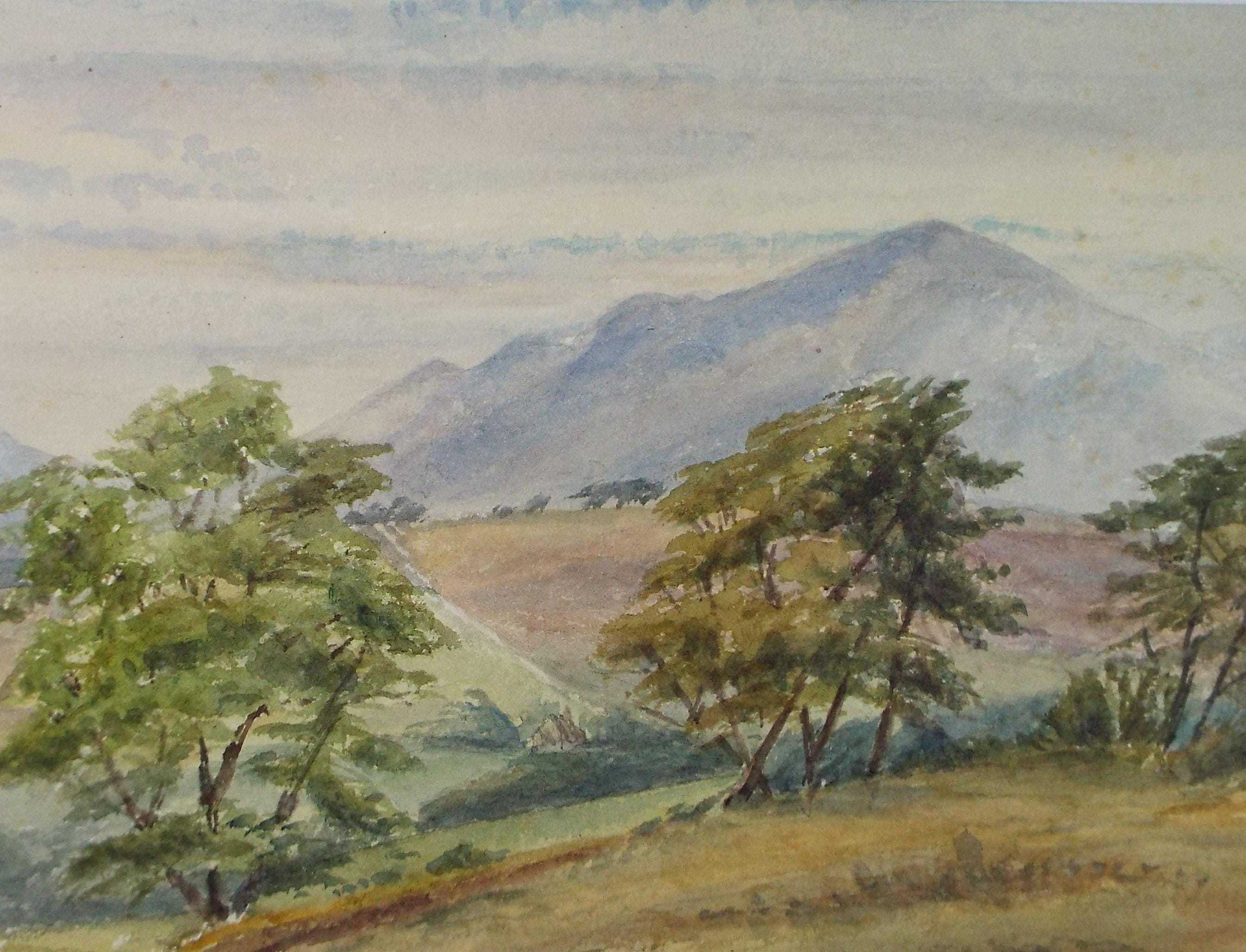 Original Watercolour Sketch, 'Landscape with distant hills', c1890, Unknown Artist