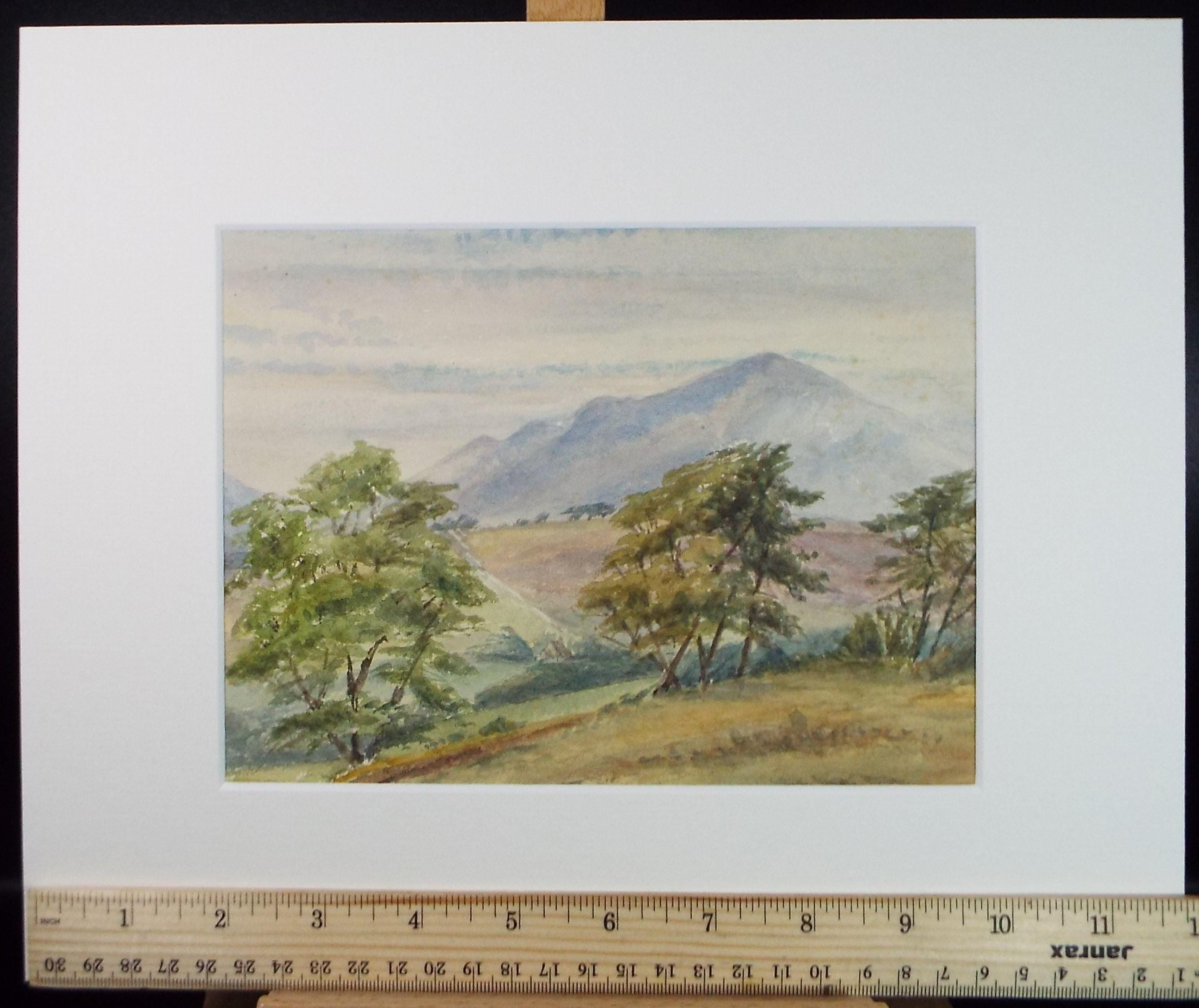 Original Watercolour Sketch, 'Landscape with distant hills', c1890, Unknown Artist
