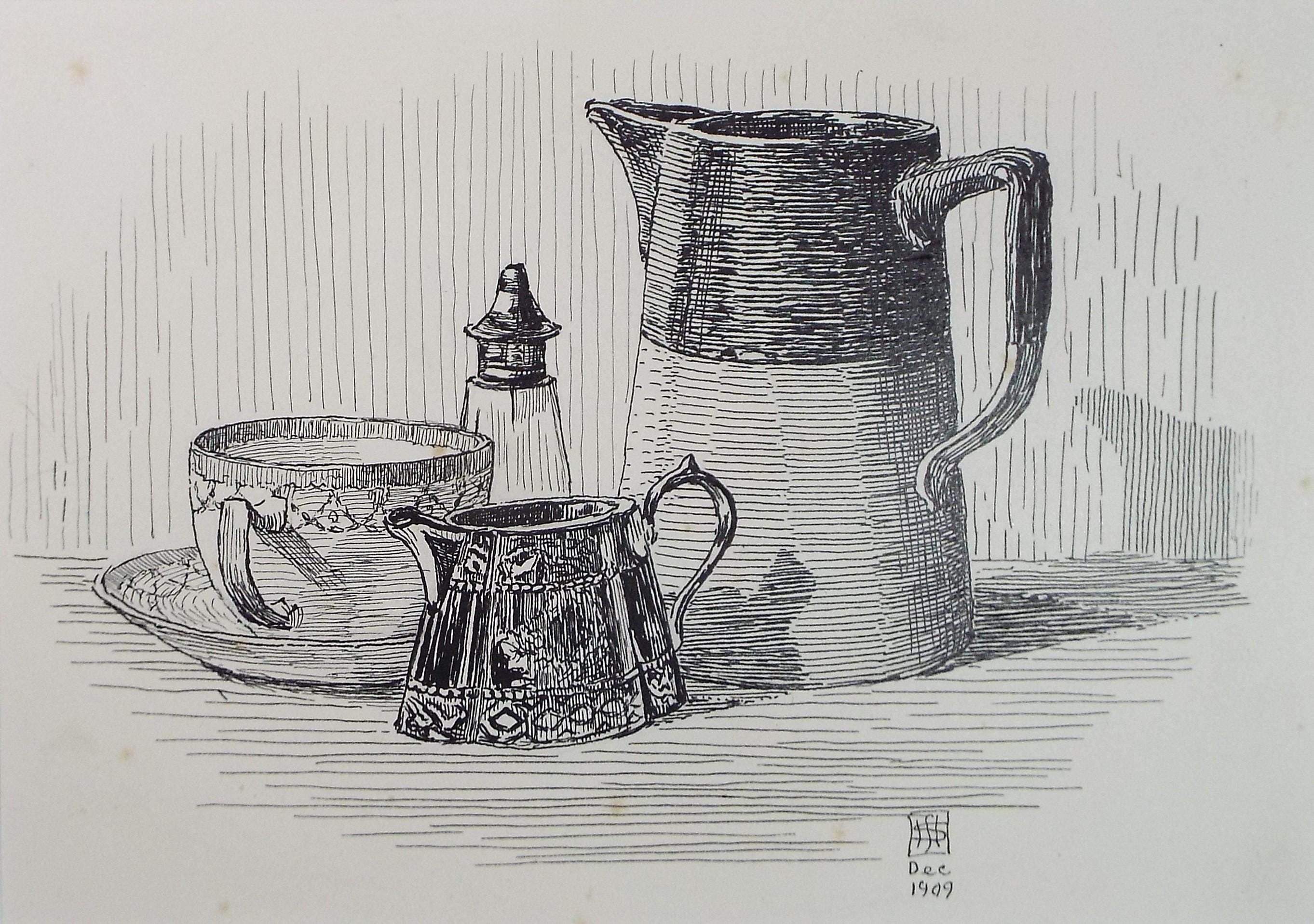 Original Pen and ink Sketch, 'Still Life of Jugs', S A Southern, Dated 1909