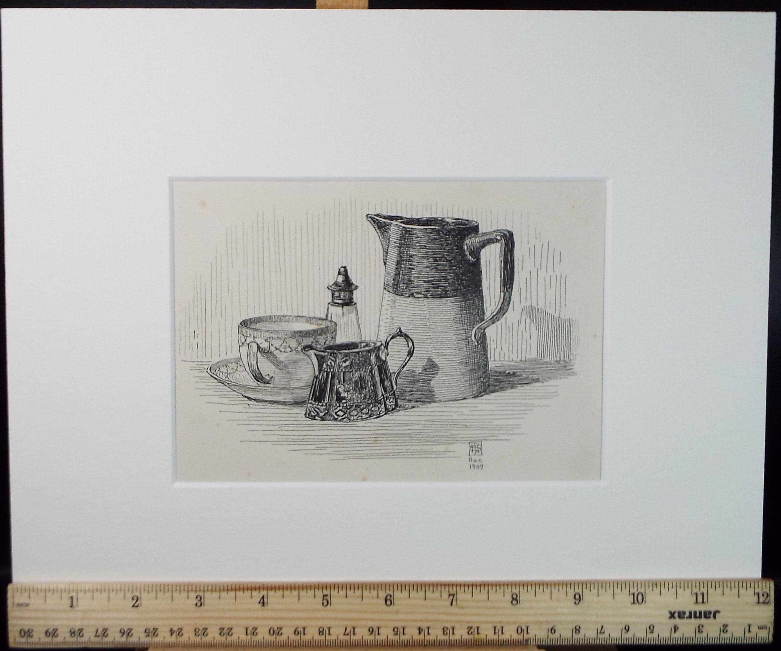 Original Pen and ink Sketch, 'Still Life of Jugs', S A Southern, Dated 1909