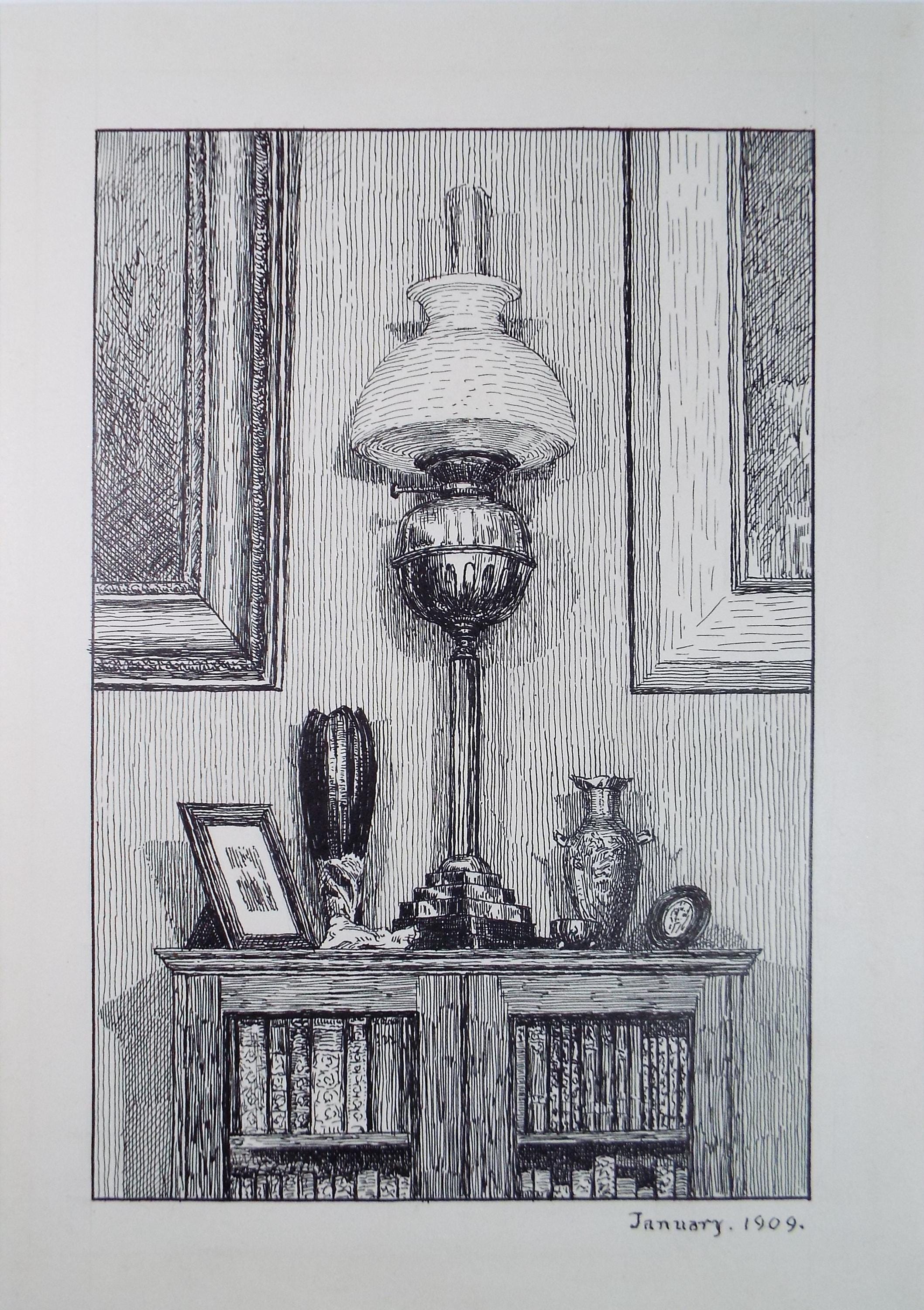 Original Pen & ink Sketch, 'Oil lamp on sideboard', S A Southern, Dated 1909