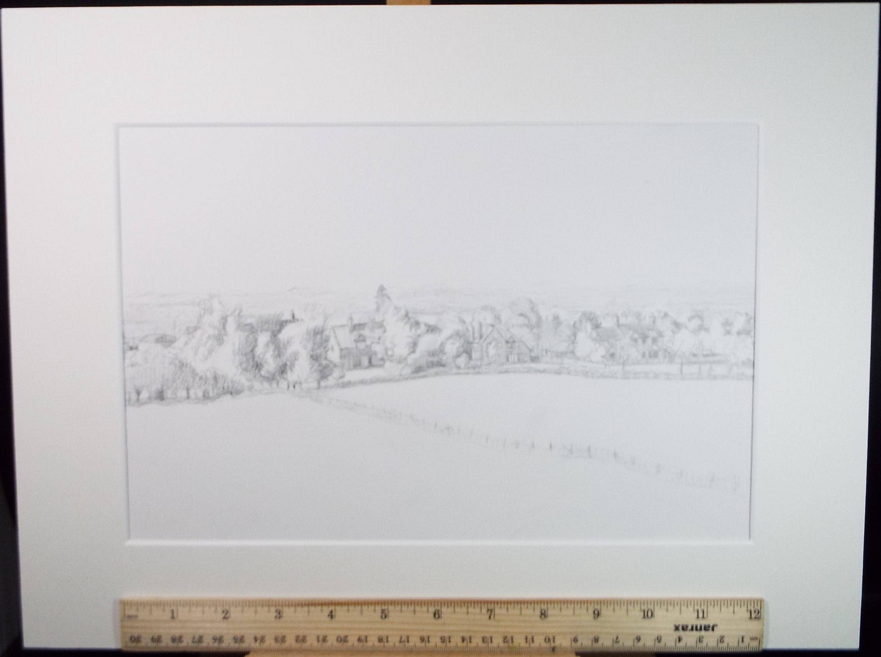 Pencil drawing 'Village in a Landscape', Pauline Plummer (b1933), Circa 1990's