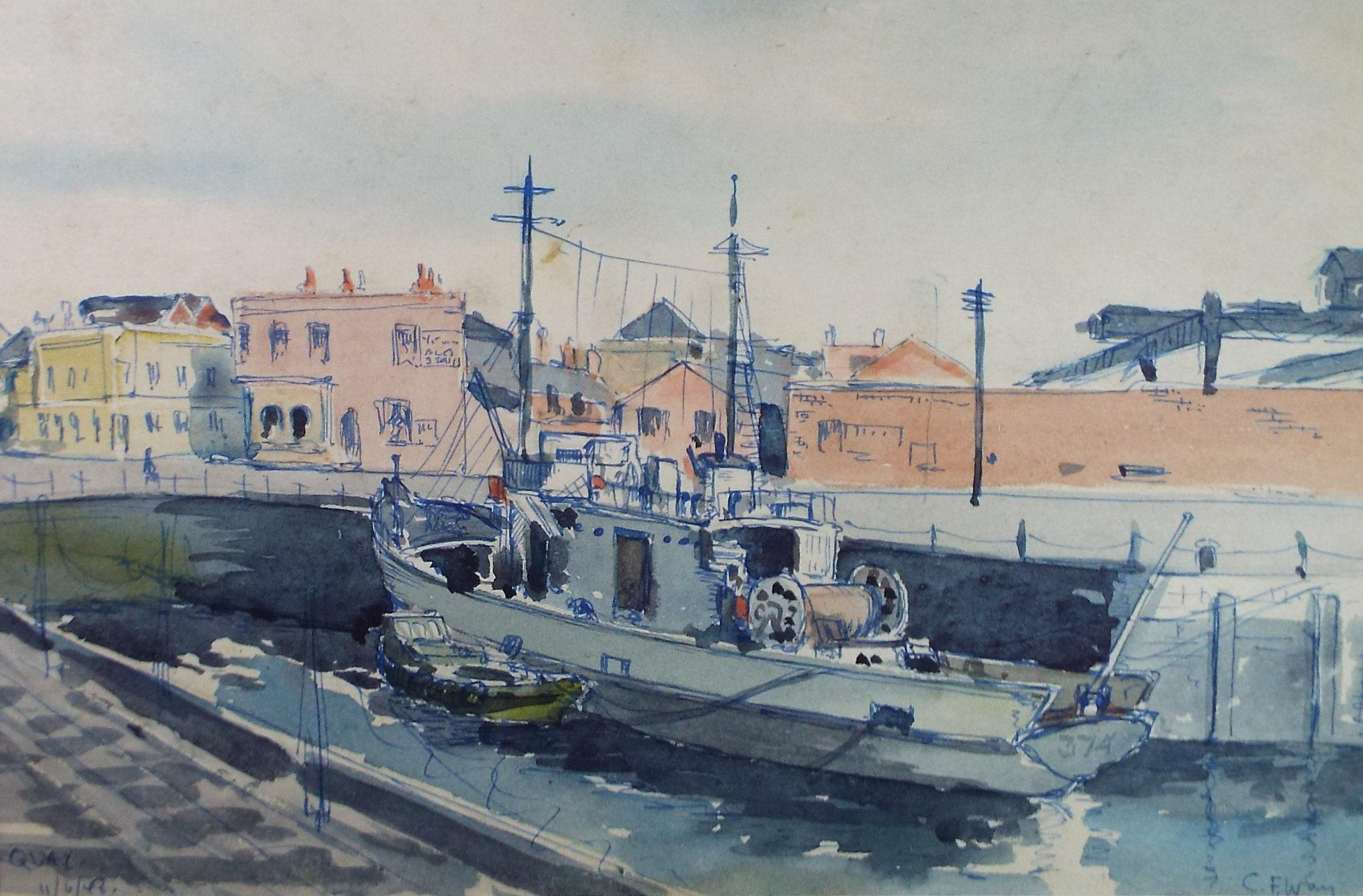 Original Watercolour, 'Flathouse Quay', Dated 1948, Charles Frederick Way (1906-1981)