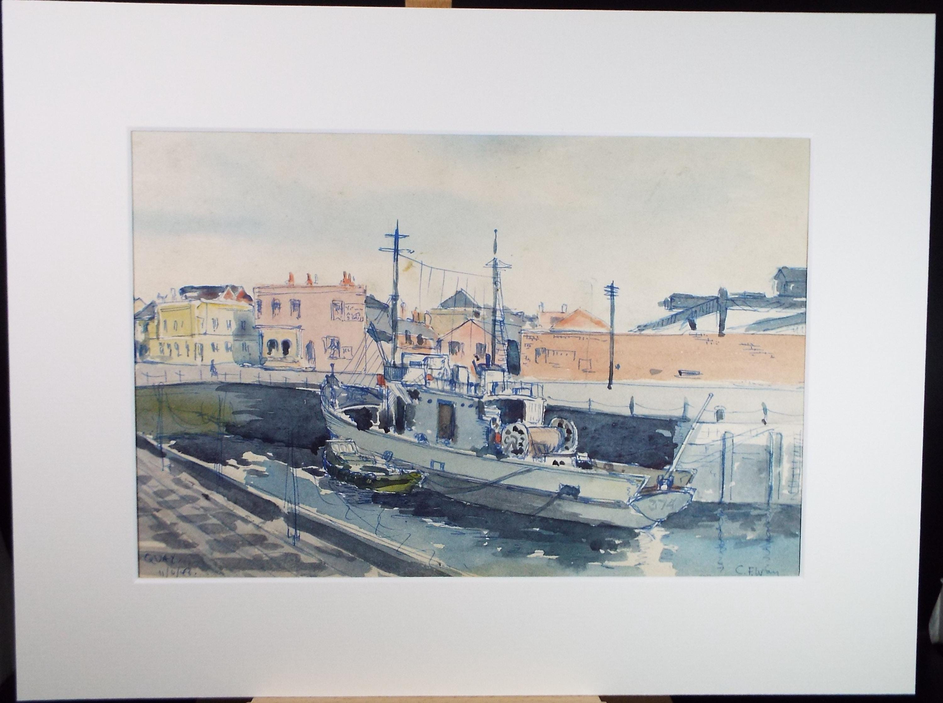 Original Watercolour, 'Flathouse Quay', Dated 1948, Charles Frederick Way (1906-1981)