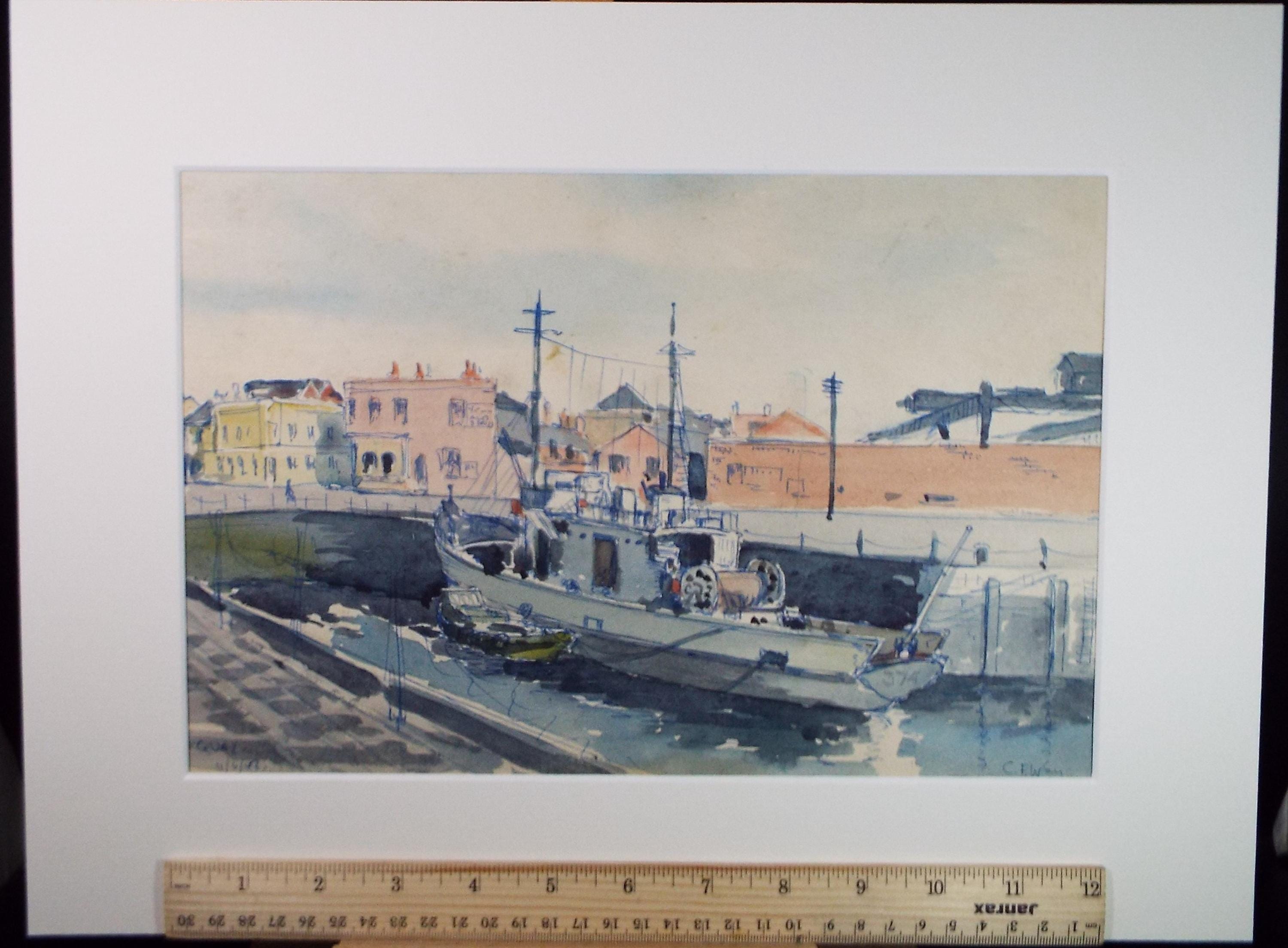 Original Watercolour, 'Flathouse Quay', Dated 1948, Charles Frederick Way (1906-1981)